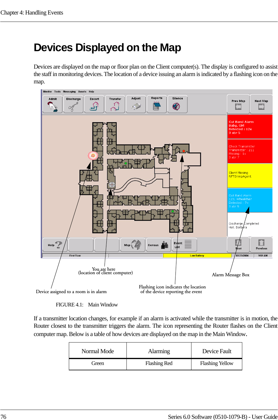 Chapter 4: Handling Events76 Series 6.0 Software (0510-1079-B) - User GuideDevices Displayed on the MapDevices are displayed on the map or floor plan on the Client computer(s). The display is configured to assist the staff in monitoring devices. The location of a device issuing an alarm is indicated by a flashing icon on the map. FIGURE 4.1:    Main WindowIf a transmitter location changes, for example if an alarm is activated while the transmitter is in motion, the Router closest to the transmitter triggers the alarm. The icon representing the Router flashes on the Client computer map. Below is a table of how devices are displayed on the map in the Main Window.Normal Mode  Alarming Device FaultGreen Flashing Red Flashing YellowAlarm Message BoxFlashing icon indicates the locationYou are h ereDevice assigned to a room is in alarm(location of client computer)of the device reporting the event