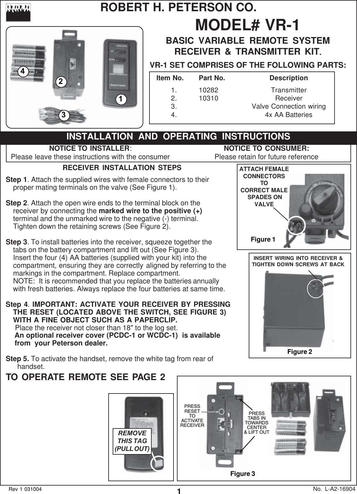 R H Peterson l VR-1 Remote Control Transmitter User Manual a2 169 pmd