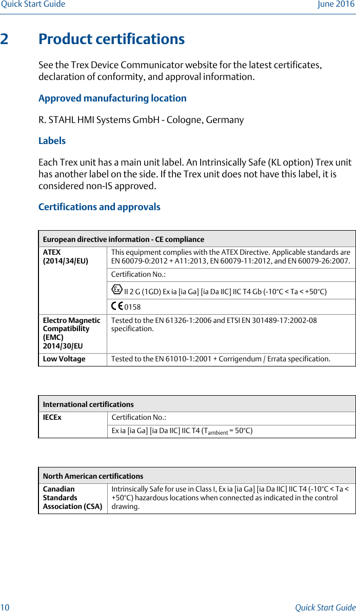 2 Product certificationsSee the Trex Device Communicator website for the latest certificates,declaration of conformity, and approval information.Approved manufacturing locationR. STAHL HMI Systems GmbH - Cologne, GermanyLabelsEach Trex unit has a main unit label. An Intrinsically Safe (KL option) Trex unithas another label on the side. If the Trex unit does not have this label, it isconsidered non-IS approved.Certifications and approvalsEuropean directive information - CE complianceATEX(2014/34/EU)This equipment complies with the ATEX Directive. Applicable standards areEN 60079-0:2012 + A11:2013, EN 60079-11:2012, and EN 60079-26:2007.Certification No.: II 2 G (1GD) Ex ia [ia Ga] [ia Da IIC] IIC T4 Gb (-10°C &lt; Ta &lt; +50°C) 0158Electro MagneticCompatibility(EMC)2014/30/EUTested to the EN 61326-1:2006 and ETSI EN 301489-17:2002-08specification.Low Voltage Tested to the EN 61010-1:2001 + Corrigendum / Errata specification.International certificationsIECEx Certification No.:Ex ia [ia Ga] [ia Da IIC] IIC T4 (Tambient = 50°C)North American certificationsCanadianStandardsAssociation (CSA)Intrinsically Safe for use in Class I, Ex ia [ia Ga] [ia Da IIC] IIC T4 (-10°C &lt; Ta &lt;+50°C) hazardous locations when connected as indicated in the controldrawing.Quick Start Guide June 201610 Quick Start Guide