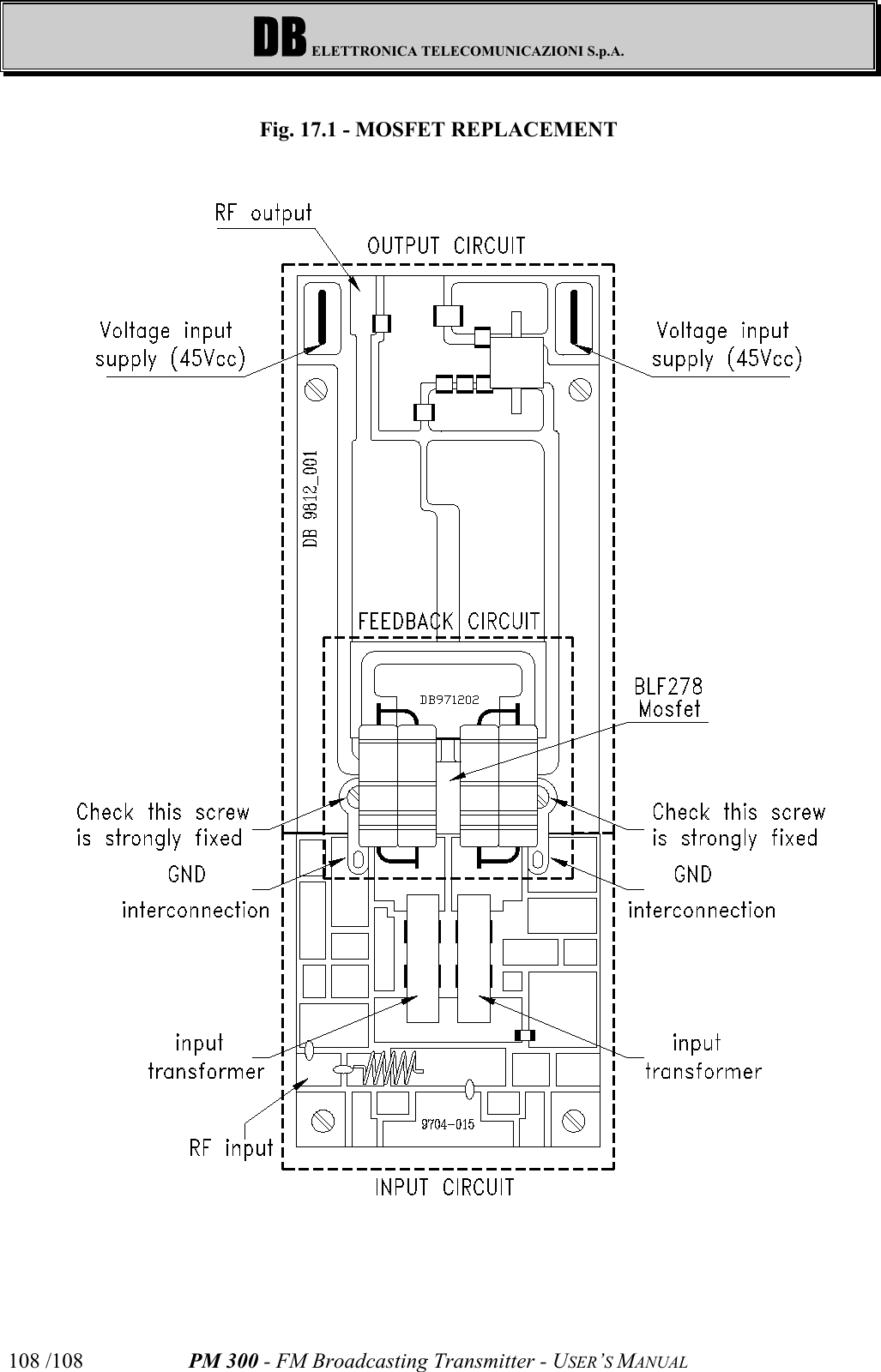 DB ELETTRONICA TELECOMUNICAZIONI S.p.A.PM 300 - FM Broadcasting Transmitter - USER’S MANUAL108 /108Fig. 17.1 - MOSFET REPLACEMENT