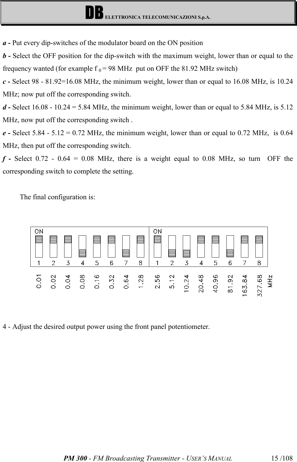 DB ELETTRONICA TELECOMUNICAZIONI S.p.A.PM 300 - FM Broadcasting Transmitter - USER’S MANUAL 15 /108a - Put every dip-switches of the modulator board on the ON positionb - Select the OFF position for the dip-switch with the maximum weight, lower than or equal to thefrequency wanted (for example f 0 = 98 MHz  put on OFF the 81.92 MHz switch)c - Select 98 - 81.92=16.08 MHz, the minimum weight, lower than or equal to 16.08 MHz, is 10.24MHz; now put off the corresponding switch.d - Select 16.08 - 10.24 = 5.84 MHz, the minimum weight, lower than or equal to 5.84 MHz, is 5.12MHz, now put off the corresponding switch .e - Select 5.84 - 5.12 = 0.72 MHz, the minimum weight, lower than or equal to 0.72 MHz,  is 0.64MHz, then put off the corresponding switch.f - Select 0.72 - 0.64 = 0.08 MHz, there is a weight equal to 0.08 MHz, so turn  OFF thecorresponding switch to complete the setting.The final configuration is:4 - Adjust the desired output power using the front panel potentiometer.