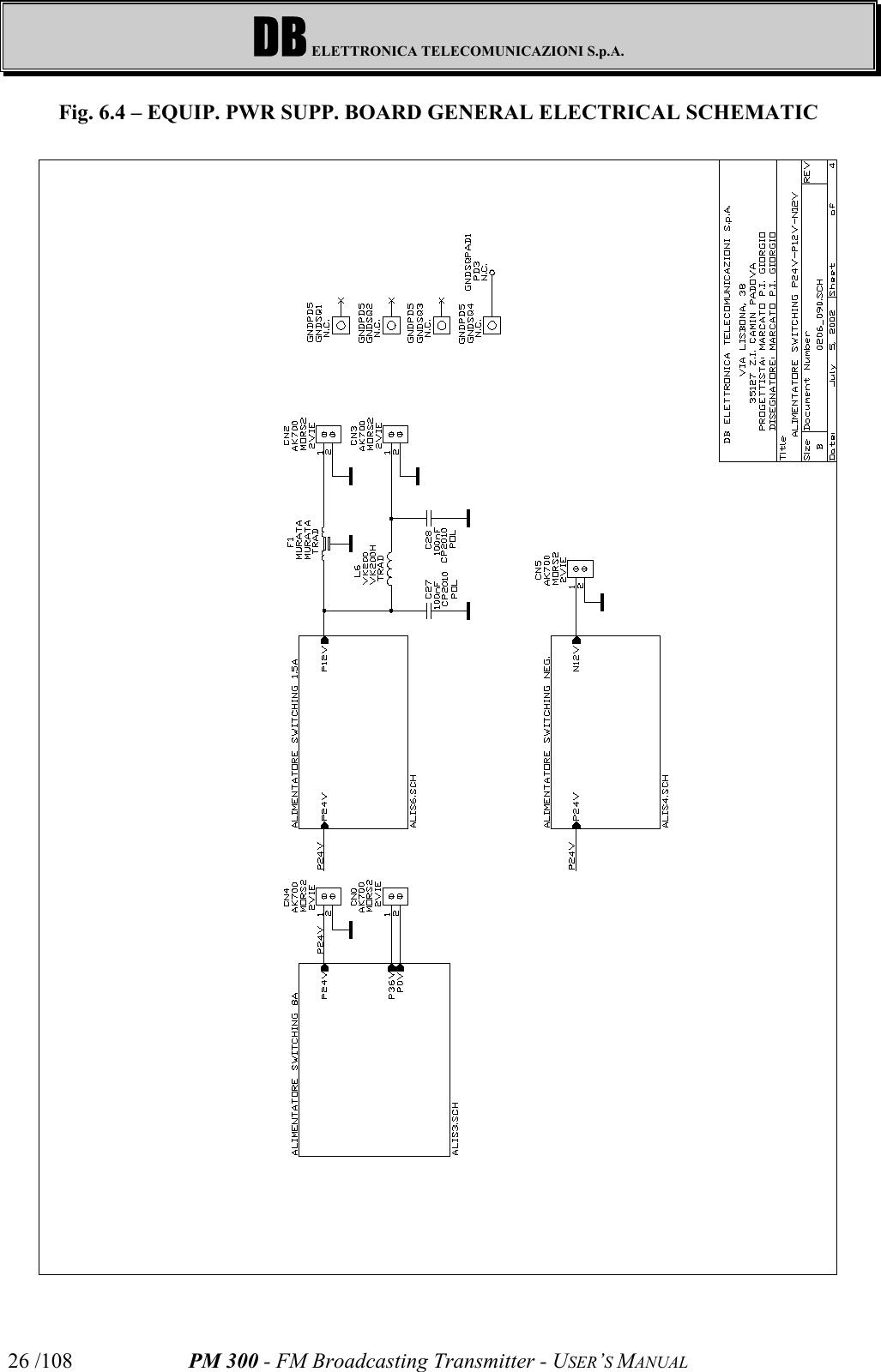 DB ELETTRONICA TELECOMUNICAZIONI S.p.A.PM 300 - FM Broadcasting Transmitter - USER’S MANUAL26 /108Fig. 6.4 – EQUIP. PWR SUPP. BOARD GENERAL ELECTRICAL SCHEMATIC