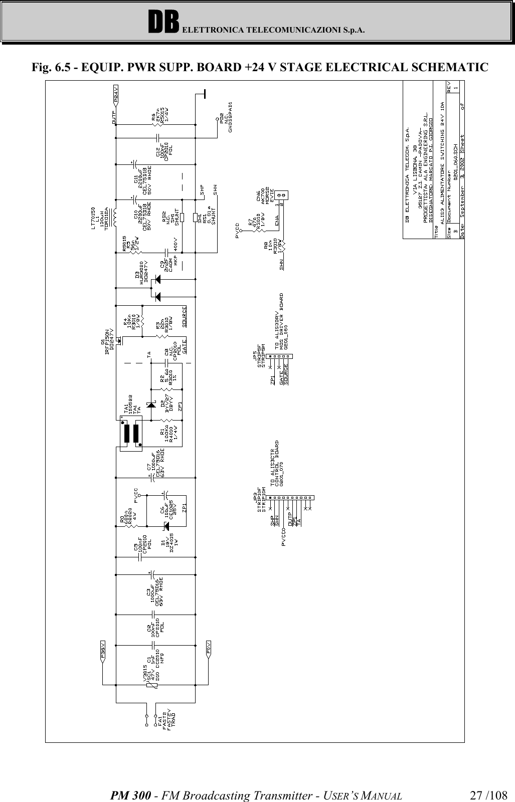 DB ELETTRONICA TELECOMUNICAZIONI S.p.A.PM 300 - FM Broadcasting Transmitter - USER’S MANUAL 27 /108Fig. 6.5 - EQUIP. PWR SUPP. BOARD +24 V STAGE ELECTRICAL SCHEMATIC