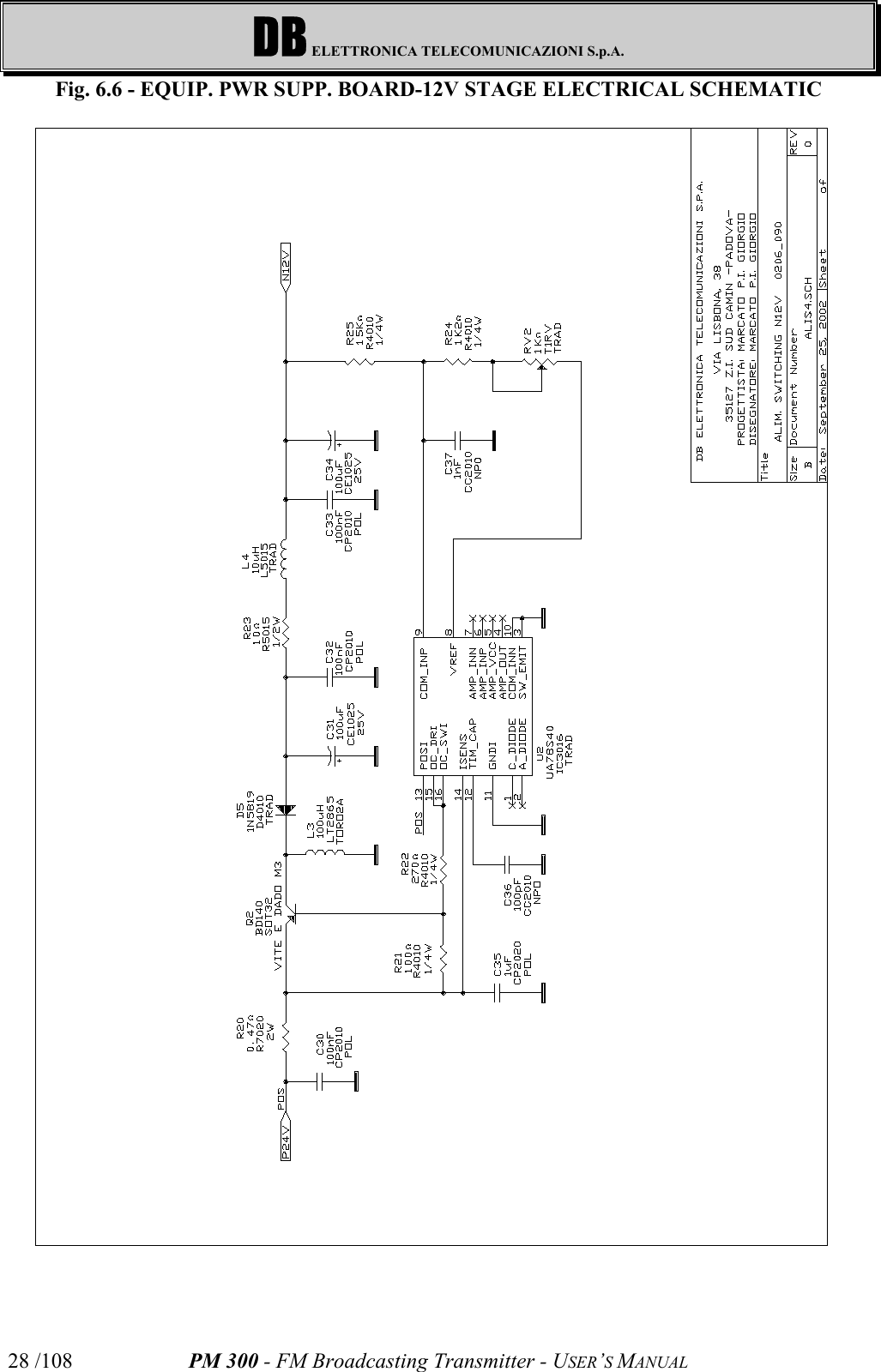 DB ELETTRONICA TELECOMUNICAZIONI S.p.A.PM 300 - FM Broadcasting Transmitter - USER’S MANUAL28 /108Fig. 6.6 - EQUIP. PWR SUPP. BOARD-12V STAGE ELECTRICAL SCHEMATIC