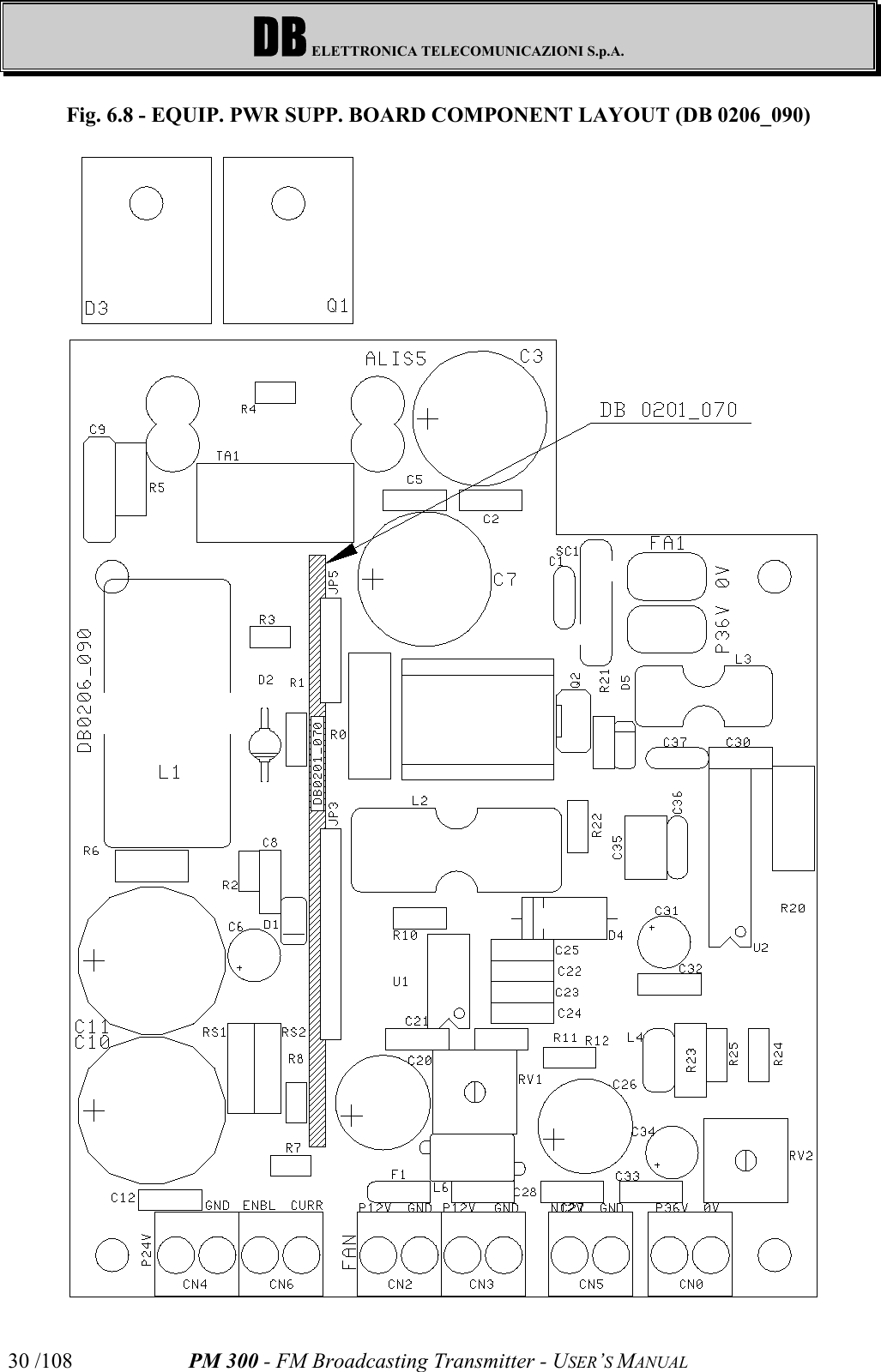 DB ELETTRONICA TELECOMUNICAZIONI S.p.A.PM 300 - FM Broadcasting Transmitter - USER’S MANUAL30 /108Fig. 6.8 - EQUIP. PWR SUPP. BOARD COMPONENT LAYOUT (DB 0206_090)