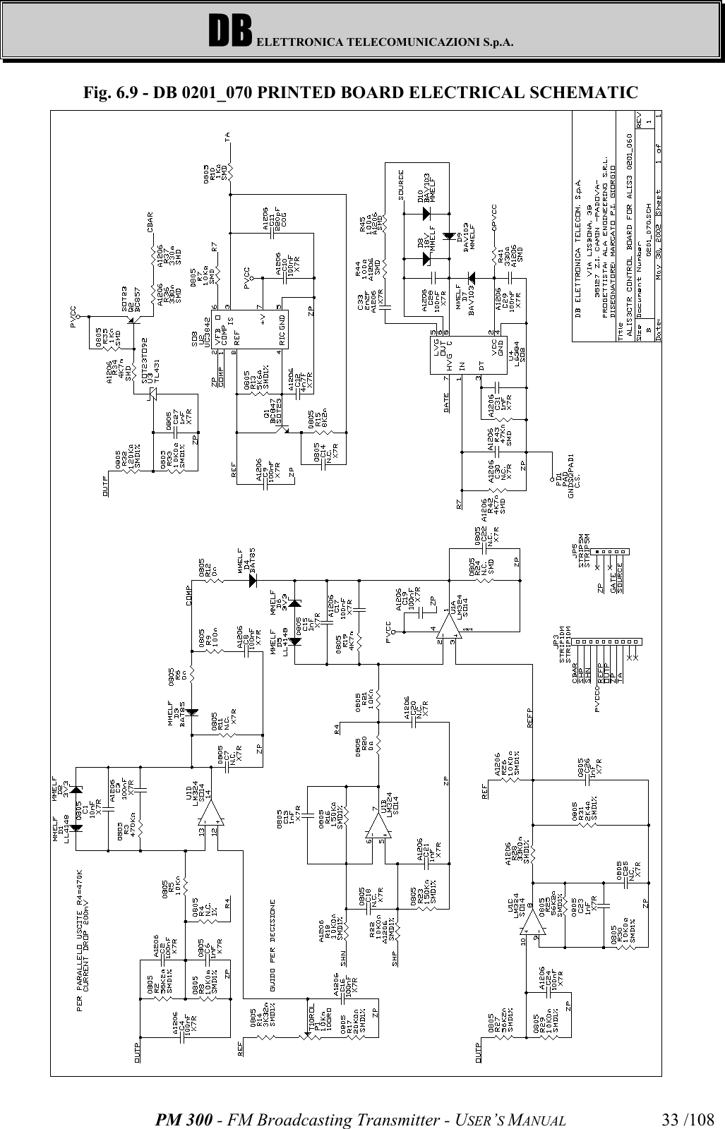 DB ELETTRONICA TELECOMUNICAZIONI S.p.A.PM 300 - FM Broadcasting Transmitter - USER’S MANUAL 33 /108Fig. 6.9 - DB 0201_070 PRINTED BOARD ELECTRICAL SCHEMATIC