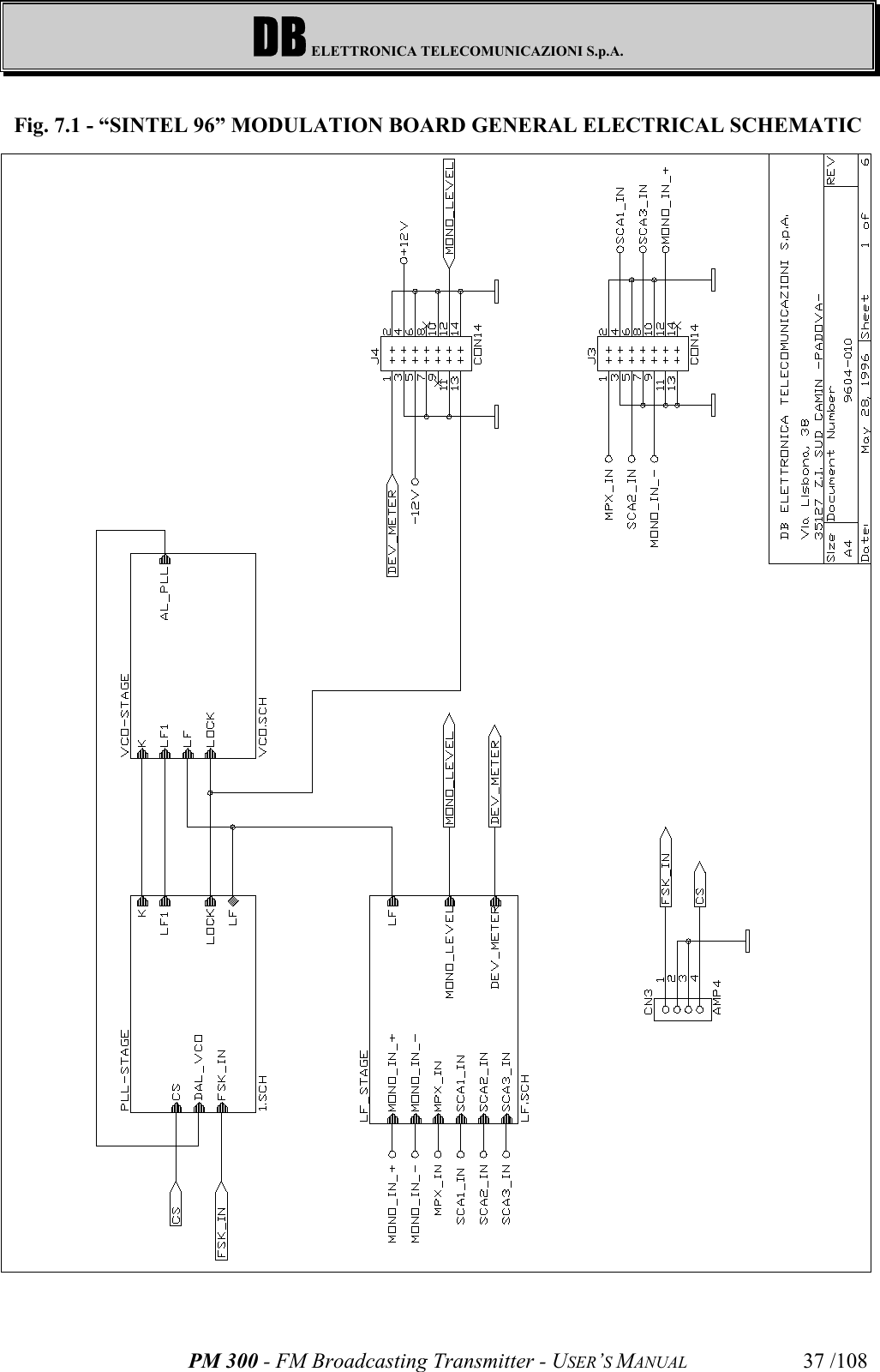 DB ELETTRONICA TELECOMUNICAZIONI S.p.A.PM 300 - FM Broadcasting Transmitter - USER’S MANUAL 37 /108Fig. 7.1 - “SINTEL 96” MODULATION BOARD GENERAL ELECTRICAL SCHEMATIC