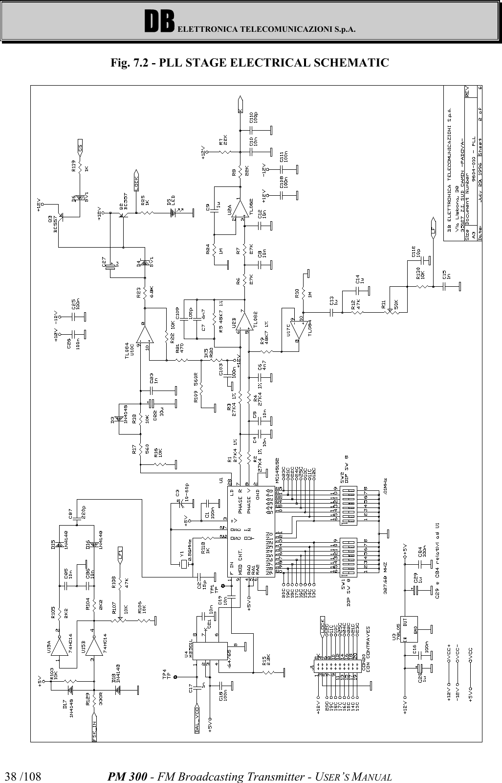 DB ELETTRONICA TELECOMUNICAZIONI S.p.A.PM 300 - FM Broadcasting Transmitter - USER’S MANUAL38 /108Fig. 7.2 - PLL STAGE ELECTRICAL SCHEMATIC