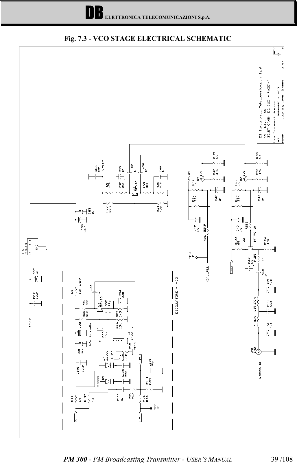 DB ELETTRONICA TELECOMUNICAZIONI S.p.A.PM 300 - FM Broadcasting Transmitter - USER’S MANUAL 39 /108Fig. 7.3 - VCO STAGE ELECTRICAL SCHEMATIC