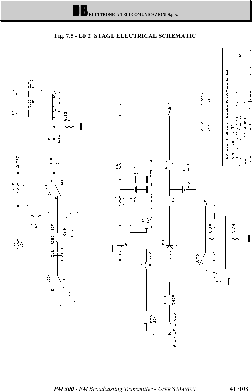 DB ELETTRONICA TELECOMUNICAZIONI S.p.A.PM 300 - FM Broadcasting Transmitter - USER’S MANUAL 41 /108Fig. 7.5 - LF 2  STAGE ELECTRICAL SCHEMATIC