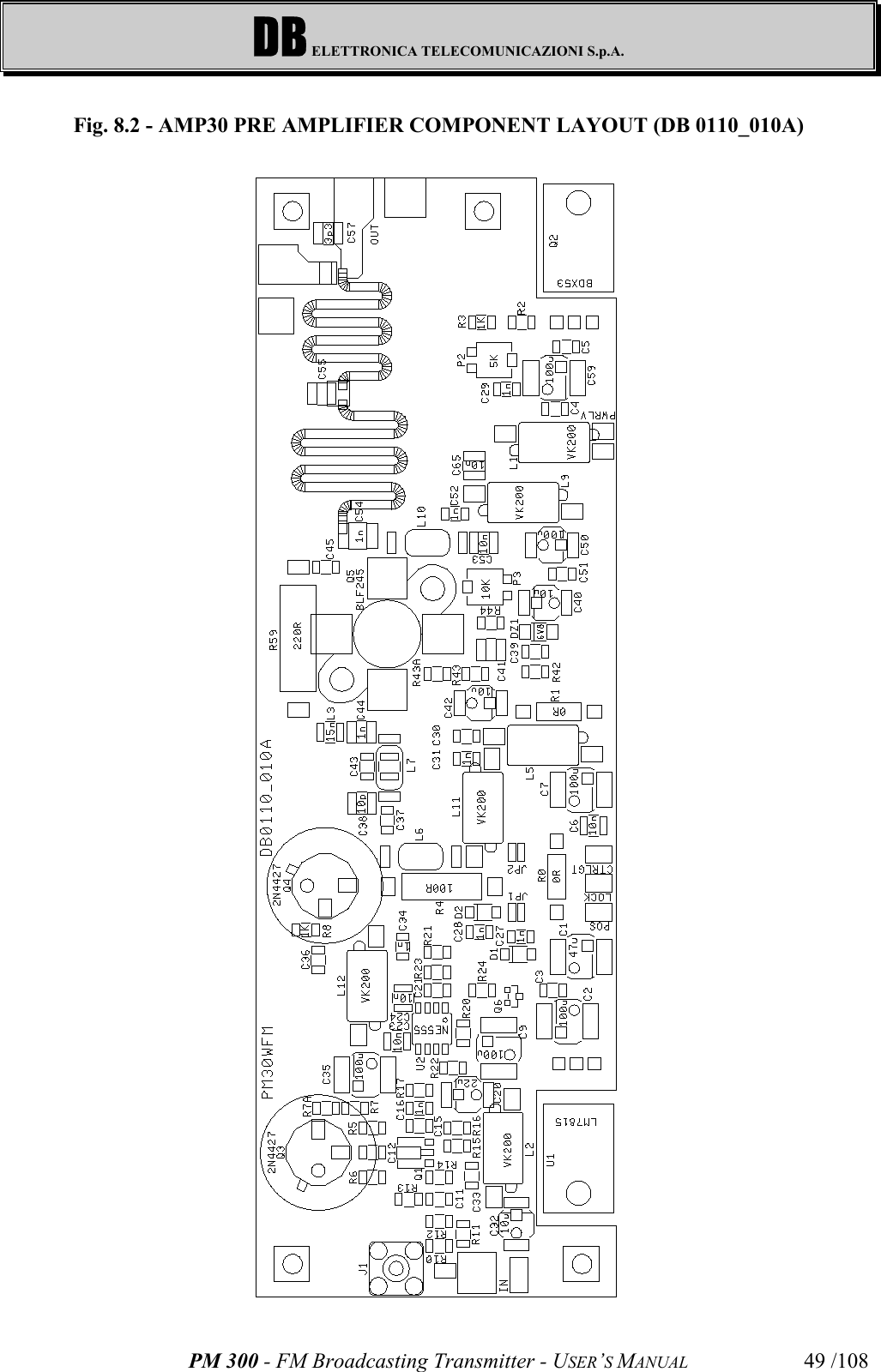 DB ELETTRONICA TELECOMUNICAZIONI S.p.A.PM 300 - FM Broadcasting Transmitter - USER’S MANUAL 49 /108Fig. 8.2 - AMP30 PRE AMPLIFIER COMPONENT LAYOUT (DB 0110_010A)