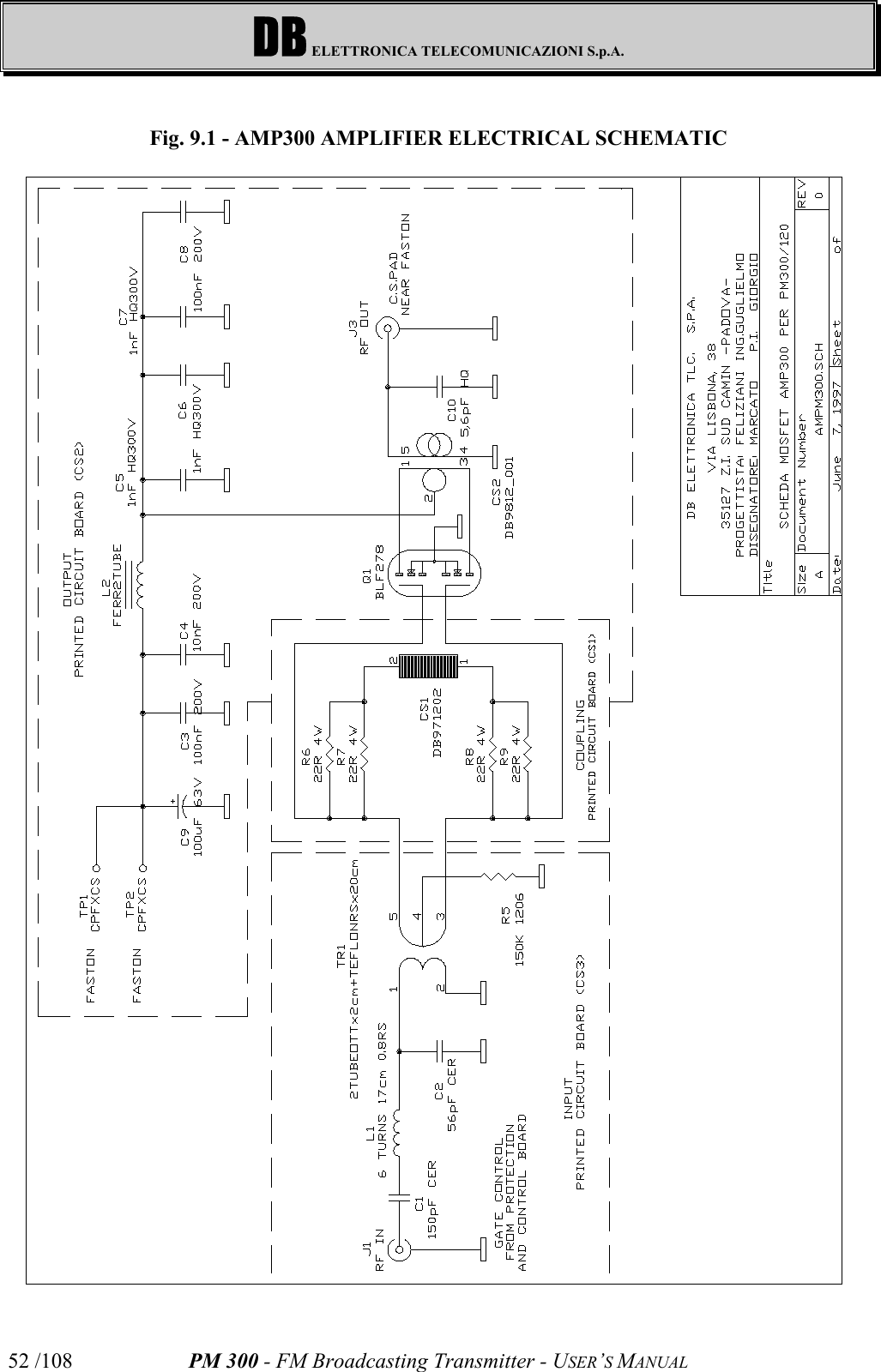 DB ELETTRONICA TELECOMUNICAZIONI S.p.A.PM 300 - FM Broadcasting Transmitter - USER’S MANUAL52 /108Fig. 9.1 - AMP300 AMPLIFIER ELECTRICAL SCHEMATIC