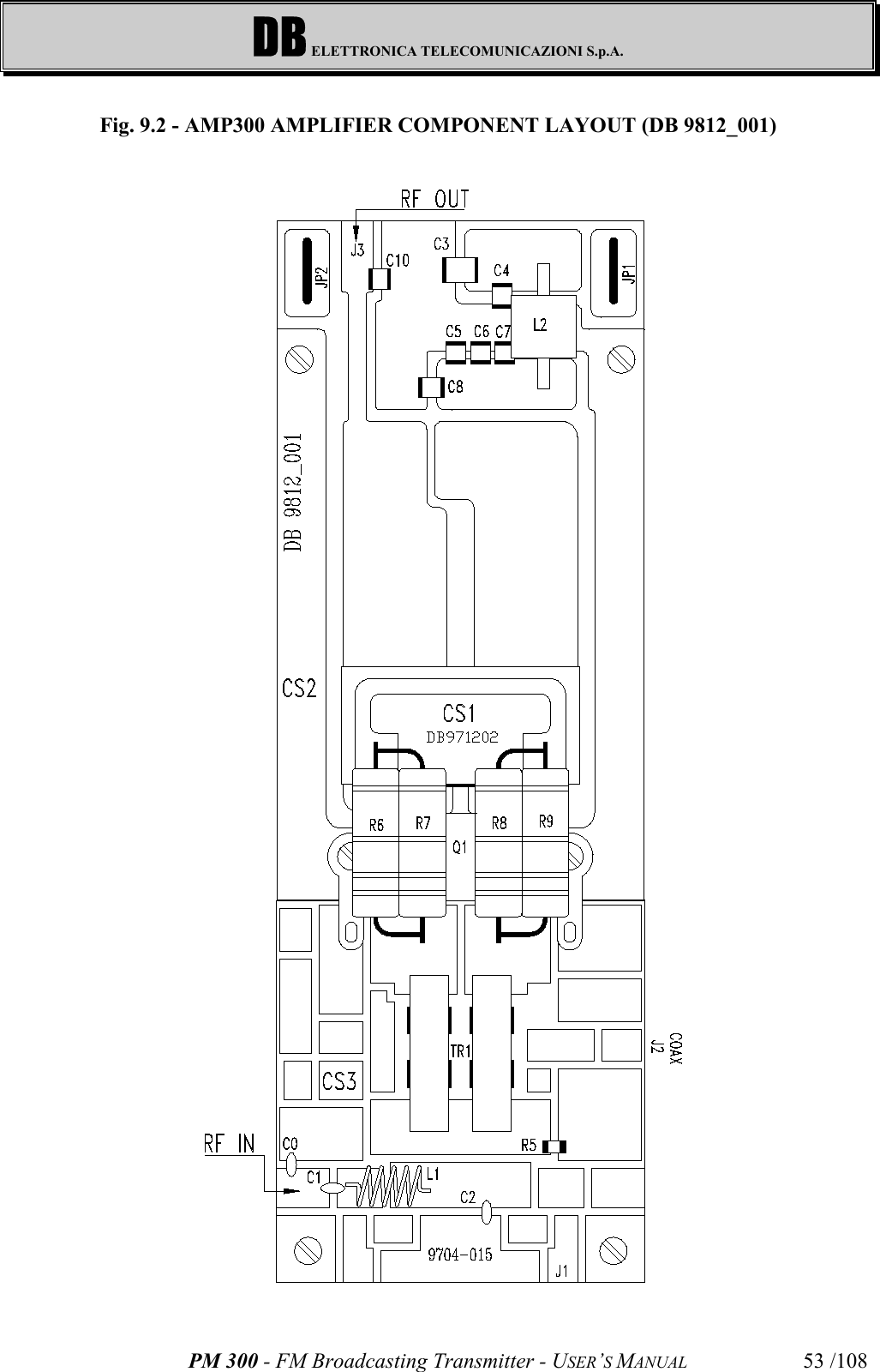 DB ELETTRONICA TELECOMUNICAZIONI S.p.A.PM 300 - FM Broadcasting Transmitter - USER’S MANUAL 53 /108Fig. 9.2 - AMP300 AMPLIFIER COMPONENT LAYOUT (DB 9812_001)