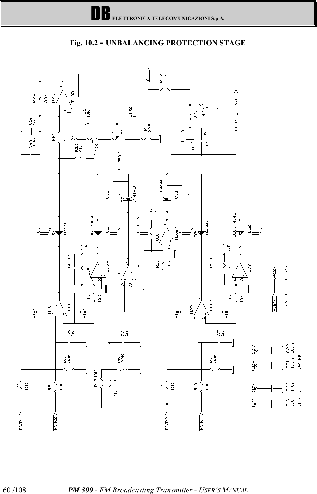 DB ELETTRONICA TELECOMUNICAZIONI S.p.A.PM 300 - FM Broadcasting Transmitter - USER’S MANUAL60 /108Fig. 10.2 - UNBALANCING PROTECTION STAGE