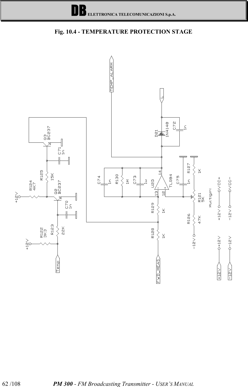 DB ELETTRONICA TELECOMUNICAZIONI S.p.A.PM 300 - FM Broadcasting Transmitter - USER’S MANUAL62 /108Fig. 10.4 - TEMPERATURE PROTECTION STAGE