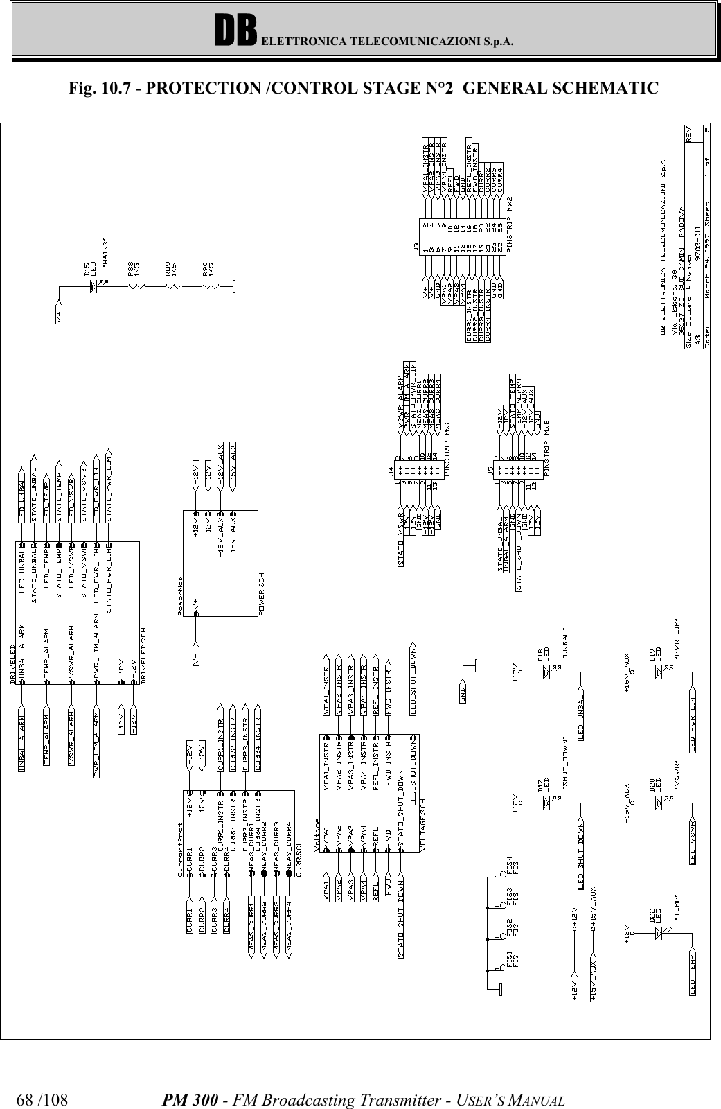 DB ELETTRONICA TELECOMUNICAZIONI S.p.A.PM 300 - FM Broadcasting Transmitter - USER’S MANUAL68 /108Fig. 10.7 - PROTECTION /CONTROL STAGE N°2  GENERAL SCHEMATIC