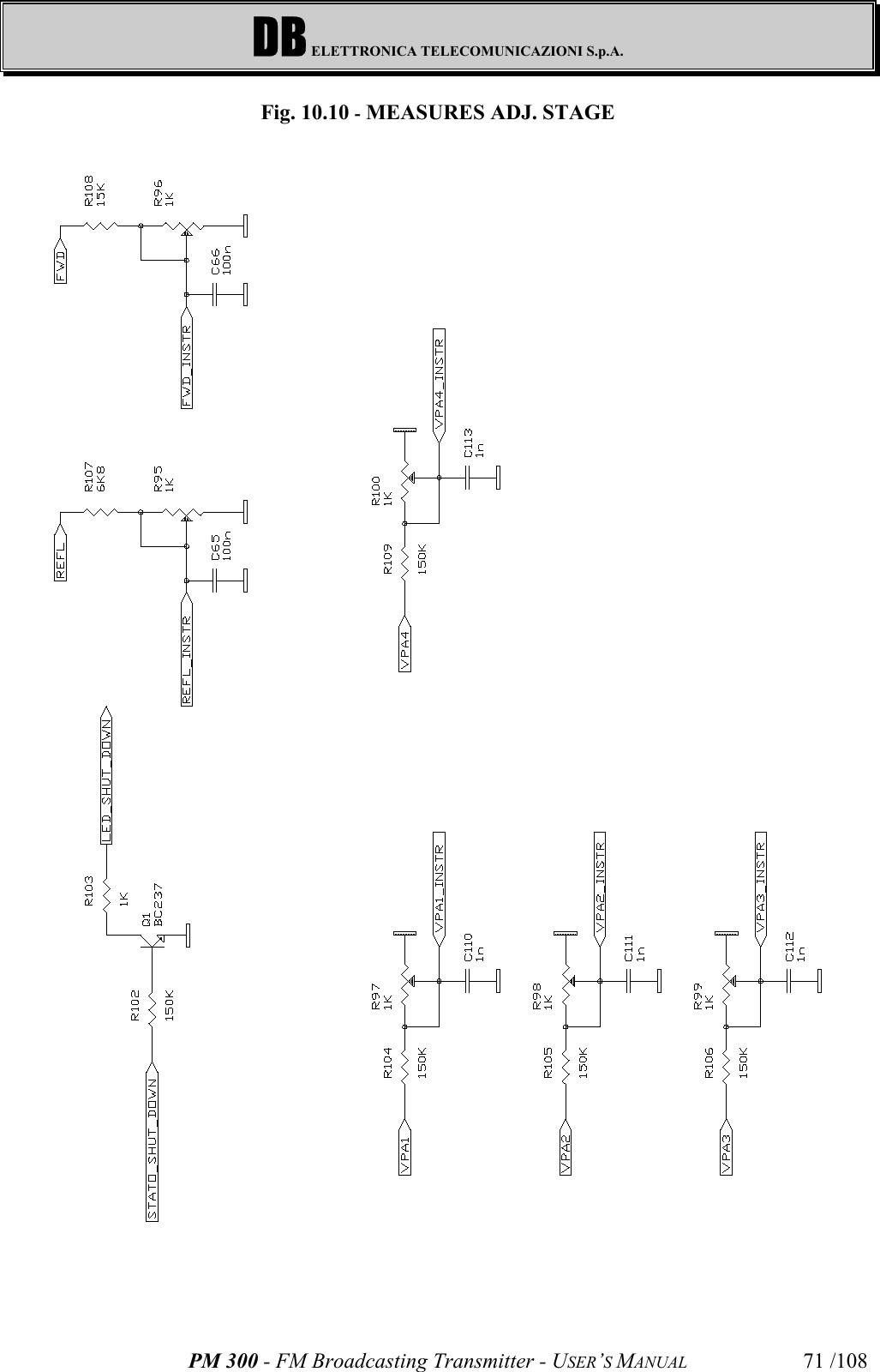 DB ELETTRONICA TELECOMUNICAZIONI S.p.A.PM 300 - FM Broadcasting Transmitter - USER’S MANUAL 71 /108Fig. 10.10 - MEASURES ADJ. STAGE