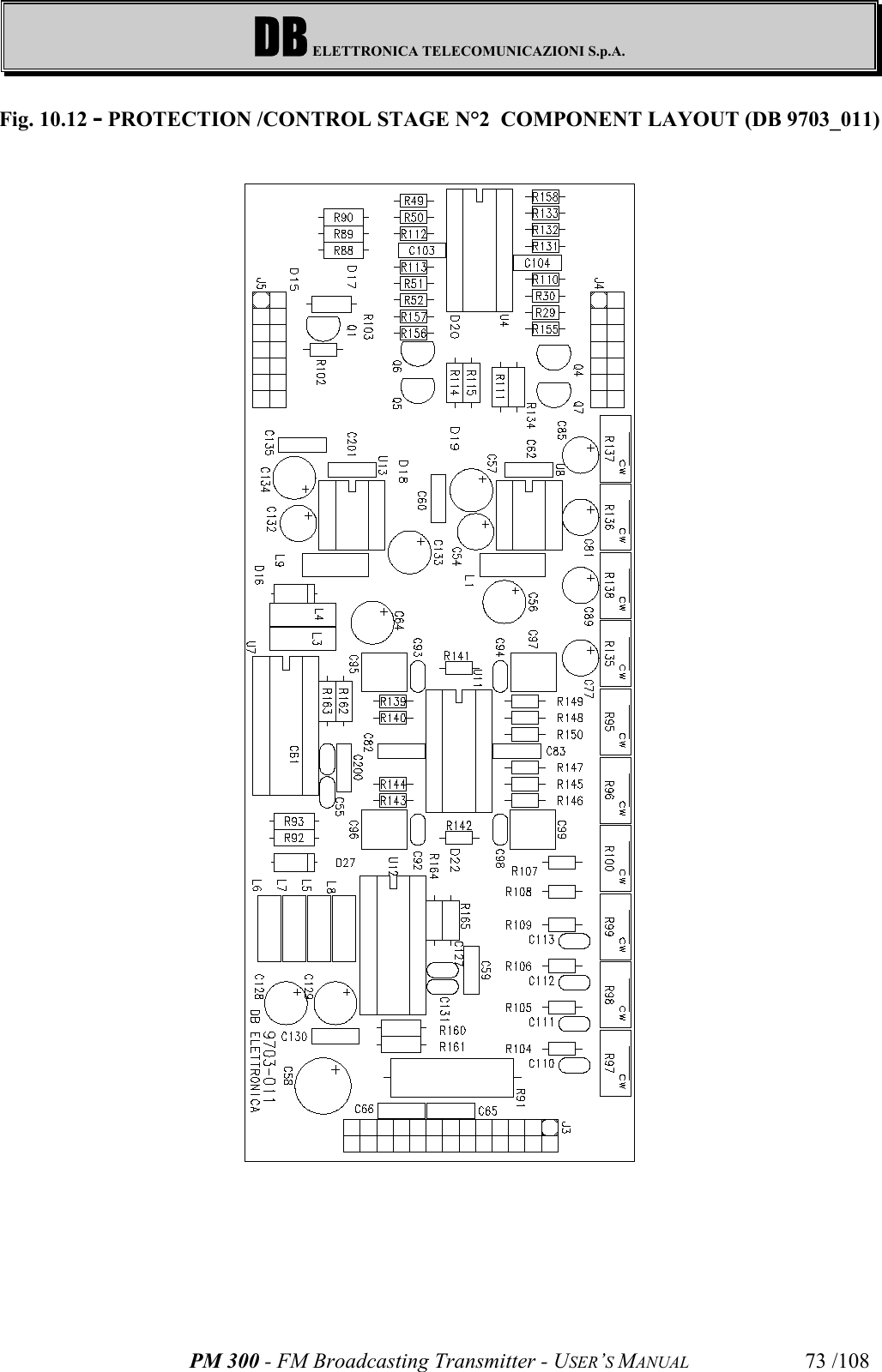 DB ELETTRONICA TELECOMUNICAZIONI S.p.A.PM 300 - FM Broadcasting Transmitter - USER’S MANUAL 73 /108Fig. 10.12 - PROTECTION /CONTROL STAGE N°2  COMPONENT LAYOUT (DB 9703_011)