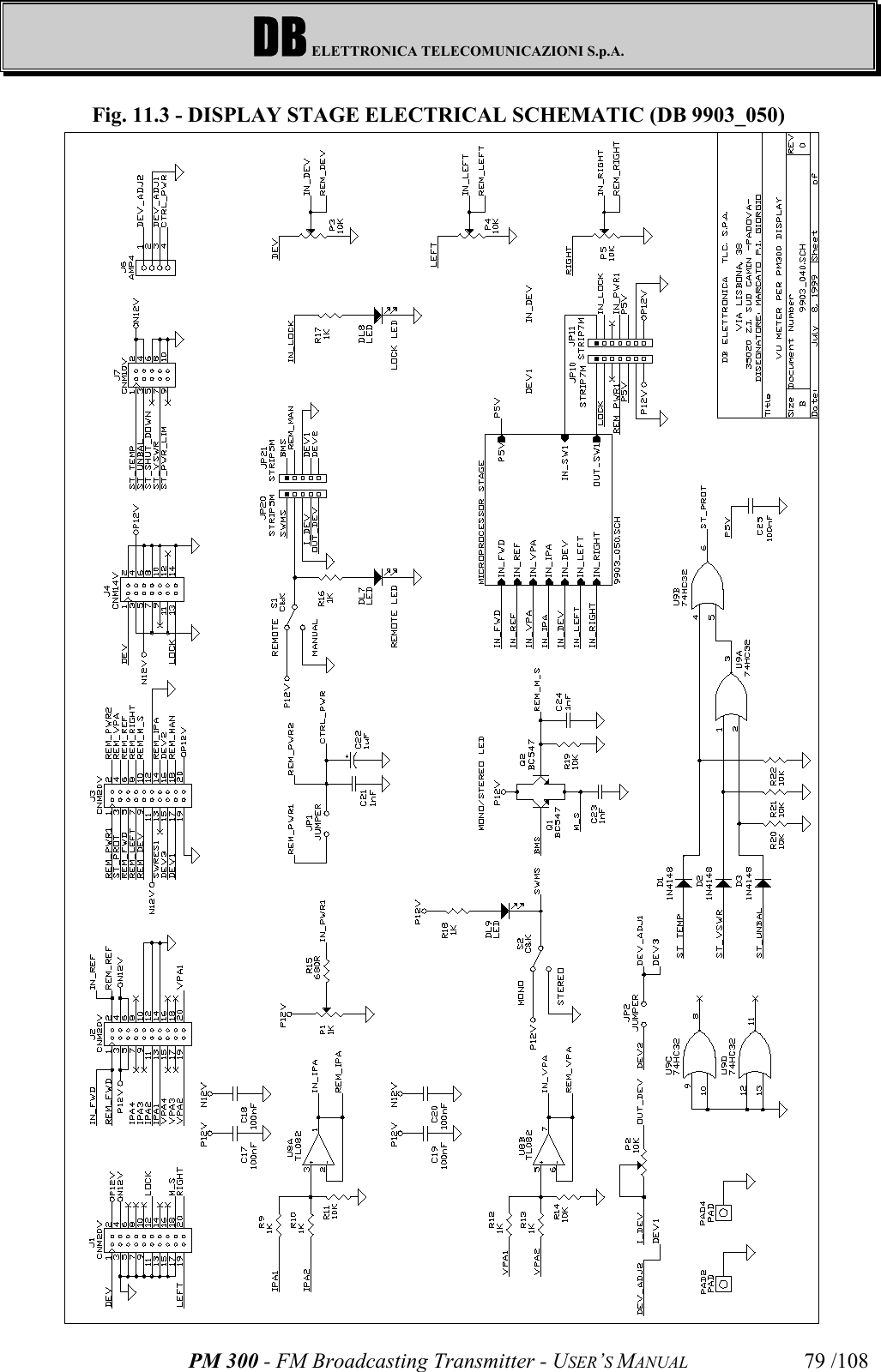 DB ELETTRONICA TELECOMUNICAZIONI S.p.A.PM 300 - FM Broadcasting Transmitter - USER’S MANUAL 79 /108Fig. 11.3 - DISPLAY STAGE ELECTRICAL SCHEMATIC (DB 9903_050)