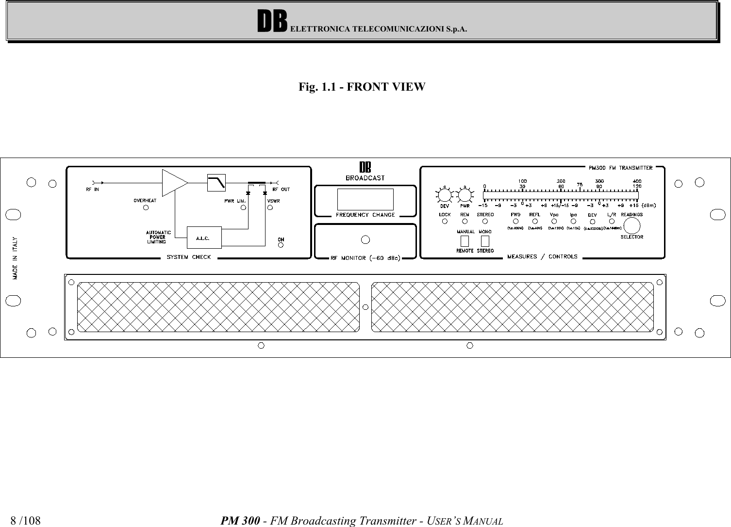 DB ELETTRONICA TELECOMUNICAZIONI S.p.A.PM 300 - FM Broadcasting Transmitter - USER’S MANUAL8 /108Fig. 1.1 - FRONT VIEW