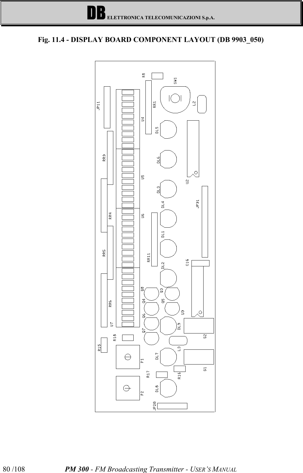 DB ELETTRONICA TELECOMUNICAZIONI S.p.A.PM 300 - FM Broadcasting Transmitter - USER’S MANUAL80 /108Fig. 11.4 - DISPLAY BOARD COMPONENT LAYOUT (DB 9903_050)