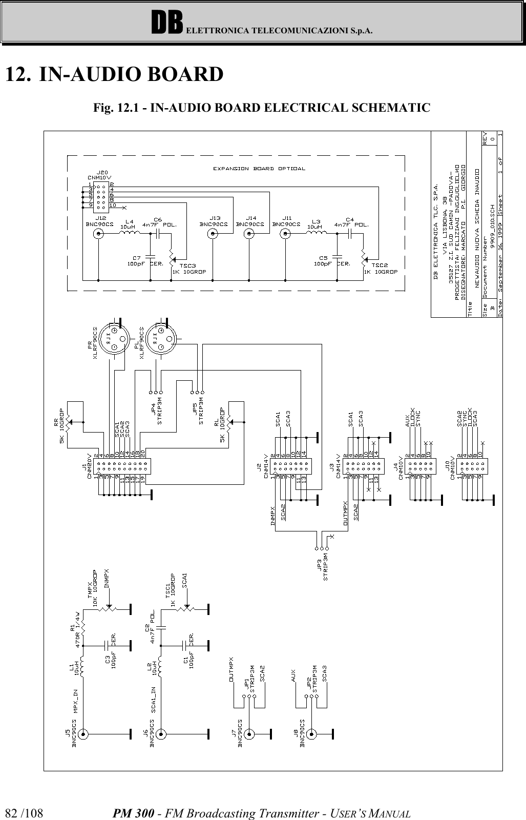 DB ELETTRONICA TELECOMUNICAZIONI S.p.A.PM 300 - FM Broadcasting Transmitter - USER’S MANUAL82 /10812. IN-AUDIO BOARDFig. 12.1 - IN-AUDIO BOARD ELECTRICAL SCHEMATIC