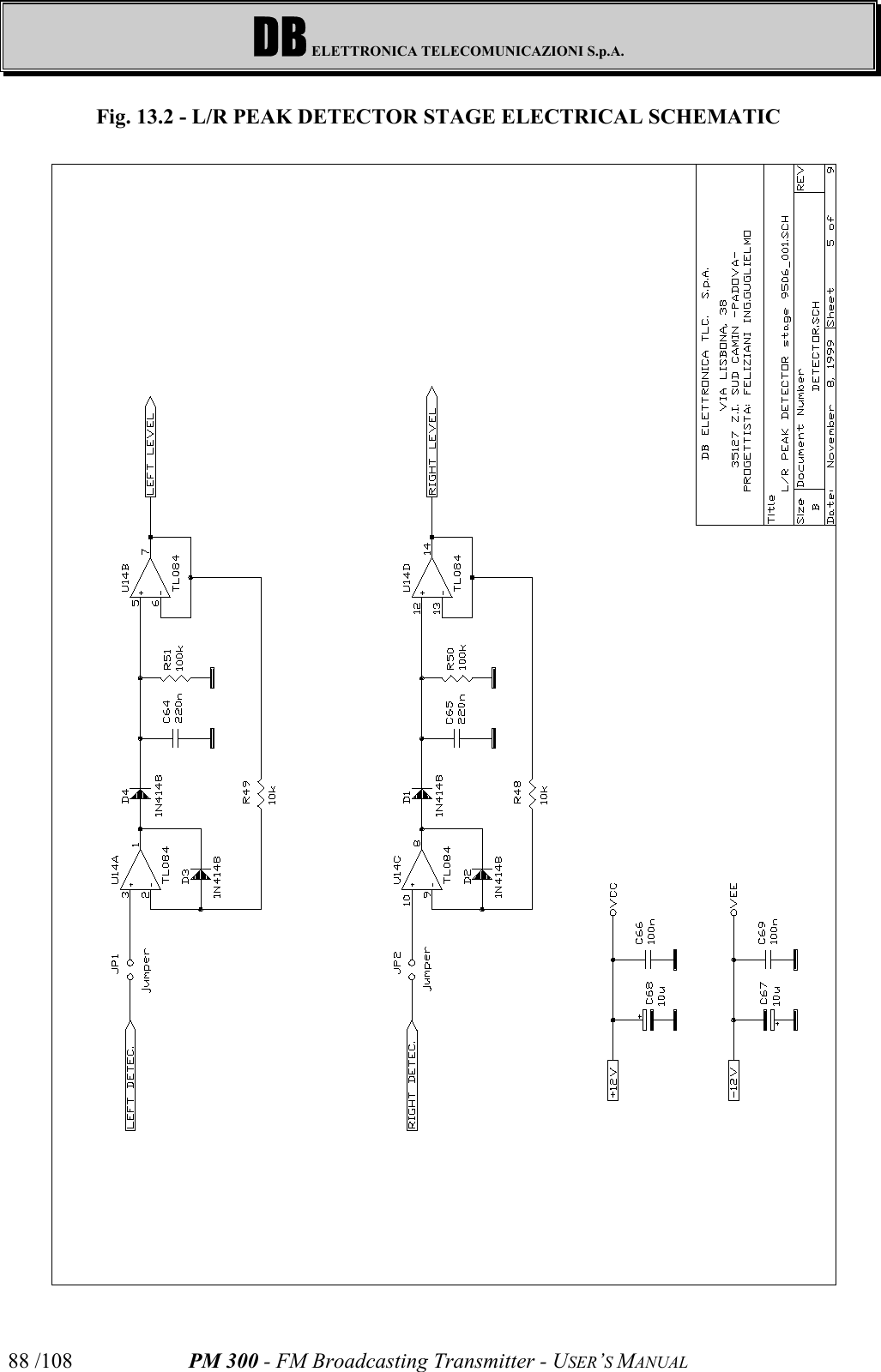 DB ELETTRONICA TELECOMUNICAZIONI S.p.A.PM 300 - FM Broadcasting Transmitter - USER’S MANUAL88 /108Fig. 13.2 - L/R PEAK DETECTOR STAGE ELECTRICAL SCHEMATIC