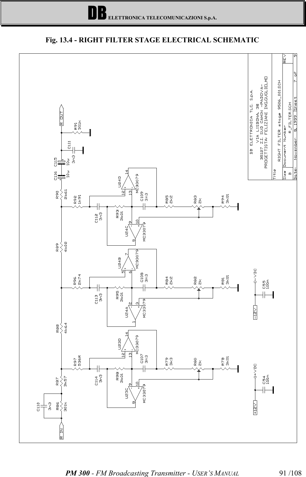 DB ELETTRONICA TELECOMUNICAZIONI S.p.A.PM 300 - FM Broadcasting Transmitter - USER’S MANUAL 91 /108Fig. 13.4 - RIGHT FILTER STAGE ELECTRICAL SCHEMATIC