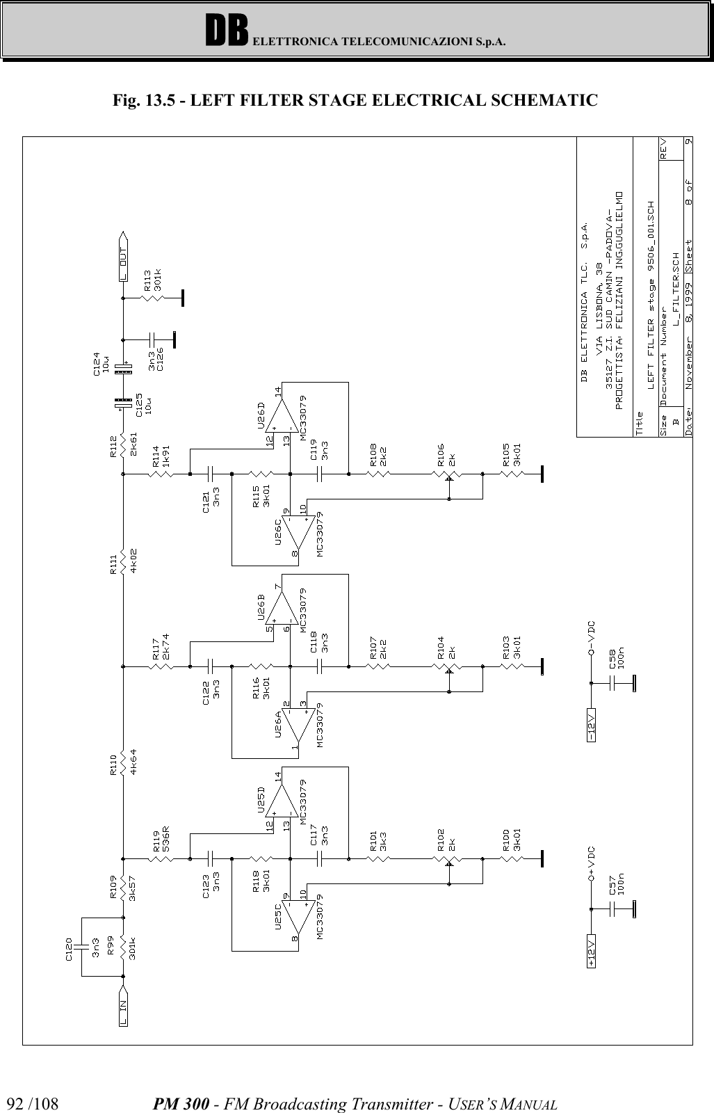 DB ELETTRONICA TELECOMUNICAZIONI S.p.A.PM 300 - FM Broadcasting Transmitter - USER’S MANUAL92 /108Fig. 13.5 - LEFT FILTER STAGE ELECTRICAL SCHEMATIC