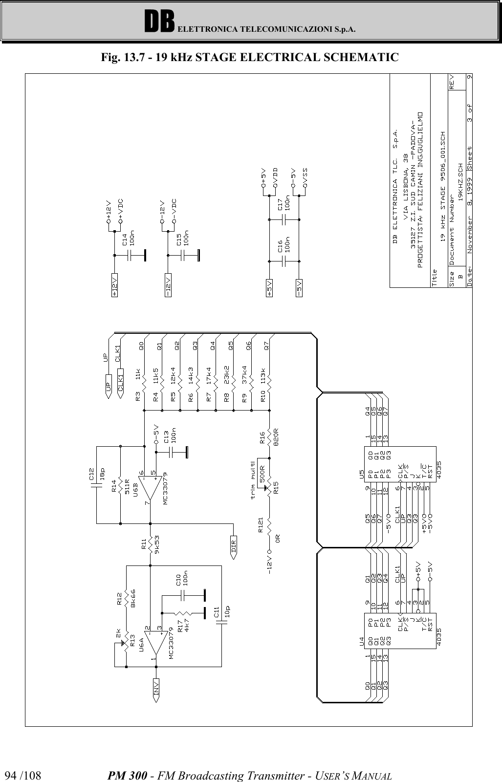 DB ELETTRONICA TELECOMUNICAZIONI S.p.A.PM 300 - FM Broadcasting Transmitter - USER’S MANUAL94 /108Fig. 13.7 - 19 kHz STAGE ELECTRICAL SCHEMATIC