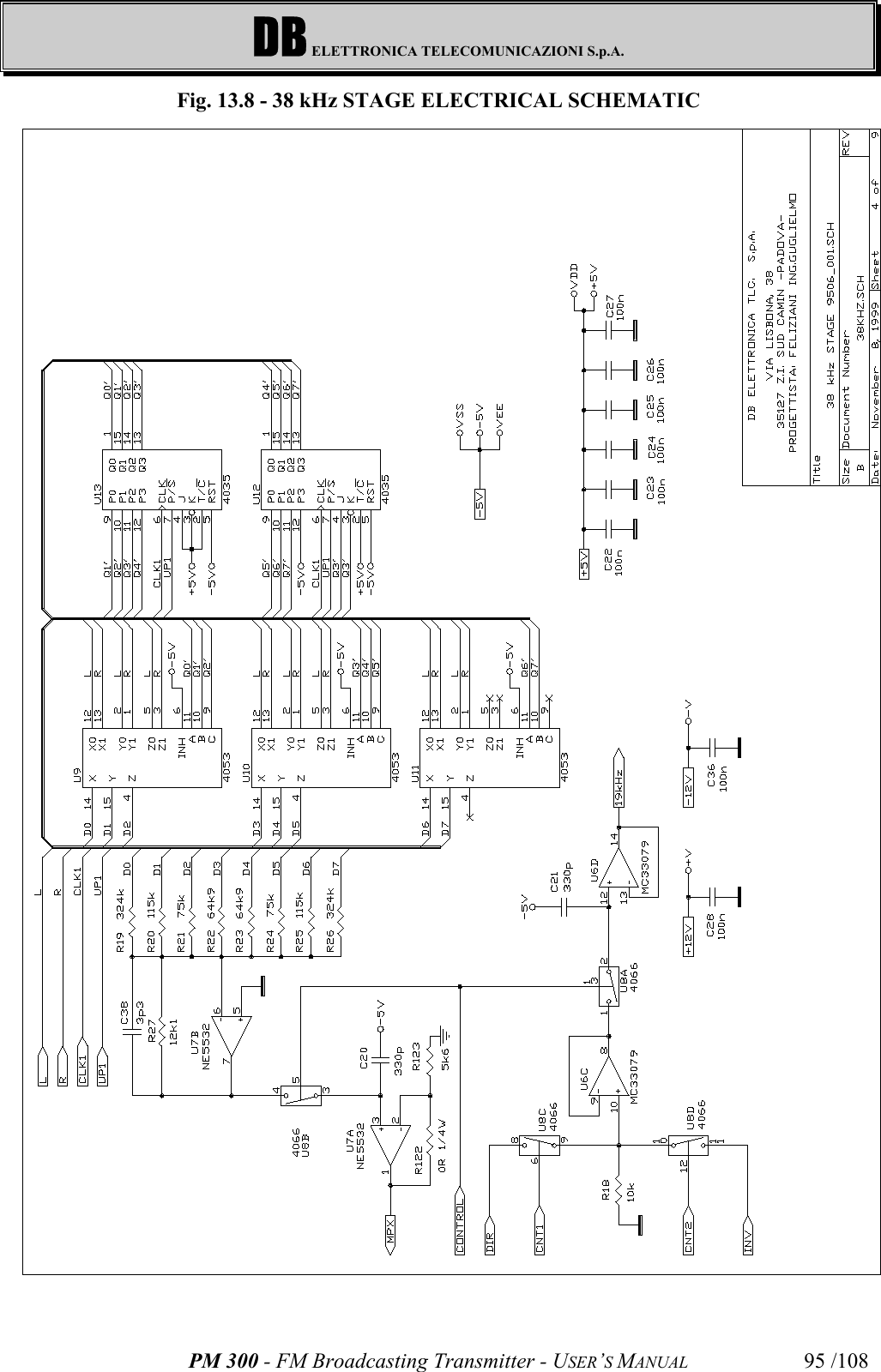 DB ELETTRONICA TELECOMUNICAZIONI S.p.A.PM 300 - FM Broadcasting Transmitter - USER’S MANUAL 95 /108Fig. 13.8 - 38 kHz STAGE ELECTRICAL SCHEMATIC