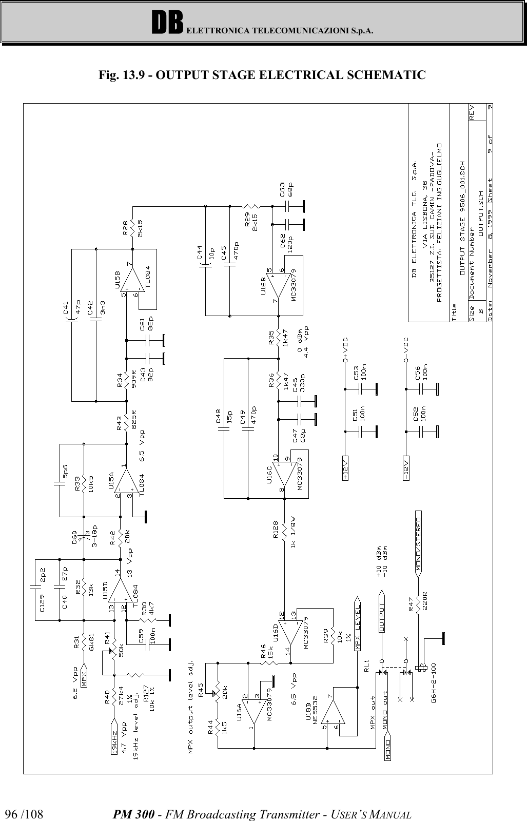 DB ELETTRONICA TELECOMUNICAZIONI S.p.A.PM 300 - FM Broadcasting Transmitter - USER’S MANUAL96 /108Fig. 13.9 - OUTPUT STAGE ELECTRICAL SCHEMATIC