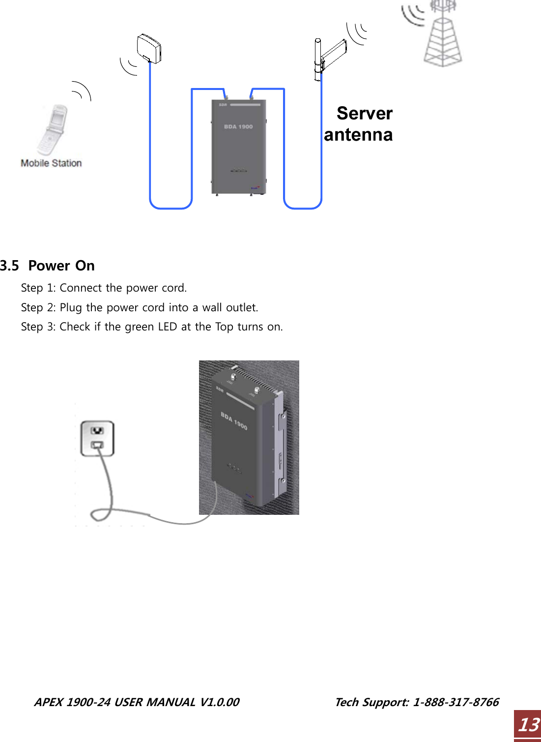  APEX 1900-24 USER MANUAL V1.0.00                 Tech Support: 1-888-317-8766 13   3.5  Power On Step 1: Connect the power cord. Step 2: Plug the power cord into a wall outlet. Step 3: Check if the green LED at the Top turns on.         