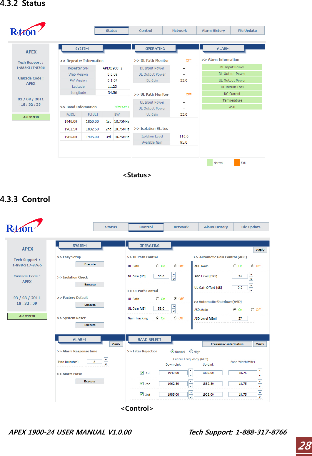  APEX 1900-24 USER MANUAL V1.0.00                 Tech Support: 1-888-317-8766 284.3.2 Status   &lt;Status&gt;  4.3.3 Control   &lt;Control&gt; 