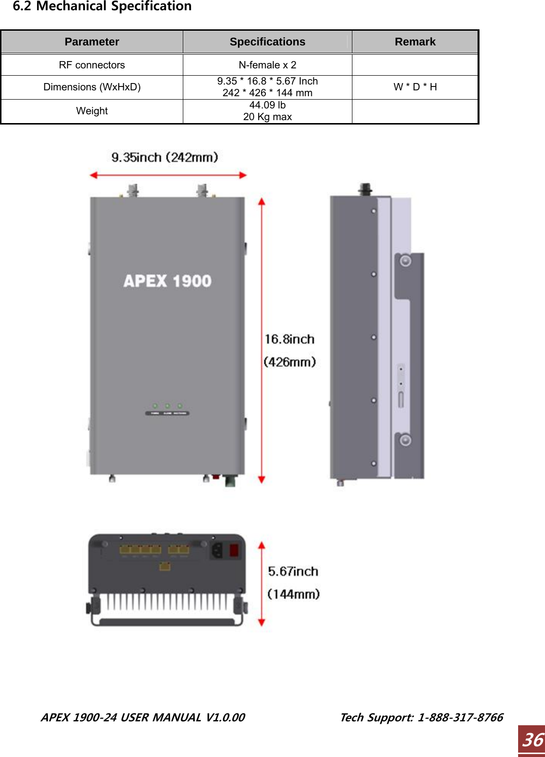  APEX 1900-24 USER MANUAL V1.0.00                 Tech Support: 1-888-317-8766 366.2 Mechanical Specification  Parameter  Specifications  Remark RF connectors  N-female x 2   Dimensions (WxHxD)  9.35 * 16.8 * 5.67 Inch 242 * 426 * 144 mm  W * D * H Weight  44.09 lb 20 Kg max        