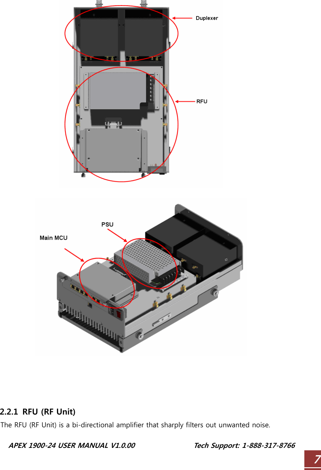  APEX 1900-24 USER MANUAL V1.0.00                 Tech Support: 1-888-317-8766 7       2.2.1 RFU (RF Unit) The RFU (RF Unit) is a bi-directional amplifier that sharply filters out unwanted noise. 