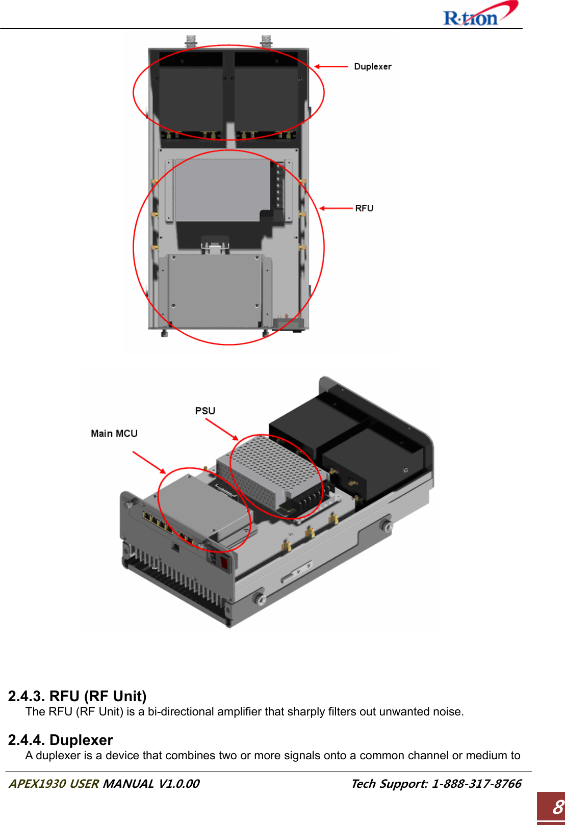  APEX1930 USER MANUAL V1.0.00                          Tech Support: 1-888-317-8766 8       2.4.3. RFU (RF Unit) The RFU (RF Unit) is a bi-directional amplifier that sharply filters out unwanted noise.  2.4.4. Duplexer A duplexer is a device that combines two or more signals onto a common channel or medium to 