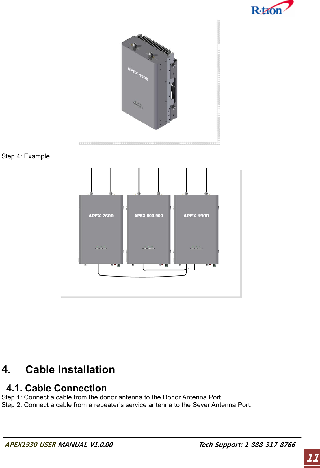  APEX1930 USER MANUAL V1.0.00                          Tech Support: 1-888-317-8766 11  Step 4: Example           4. Cable Installation    4.1. Cable Connection Step 1: Connect a cable from the donor antenna to the Donor Antenna Port. Step 2: Connect a cable from a repeater’s service antenna to the Sever Antenna Port.  