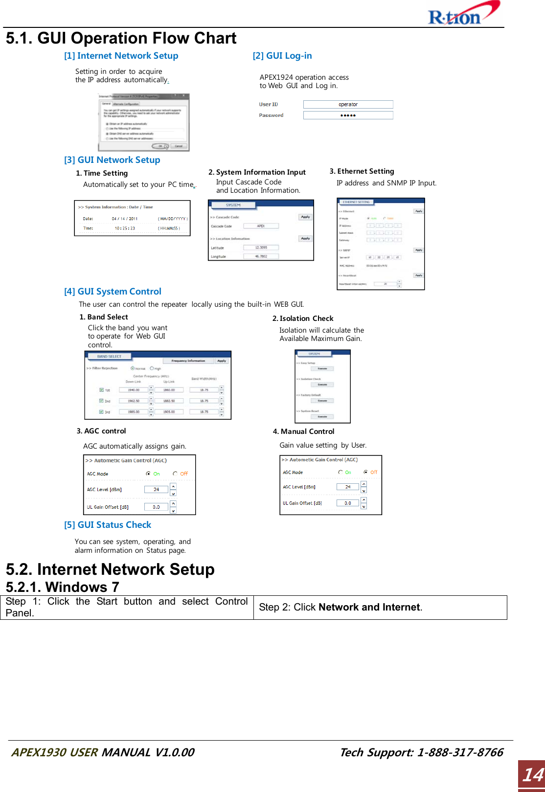  APEX1930 USER MANUAL V1.0.00                          Tech Support: 1-888-317-8766 145.1. GUI Operation Flow Chart 1. Time SettingAutomatically set to your PC time..2. System Information InputInput Cascade Code and Location Information.3. Ethernet SettingIP address  and SNMP IP Input.1. Band SelectClick the band you want to operate for Web GUI control.2. Isolation CheckIsolation will calculate the Available Maximum Gain.You can see system, operating, and alarm information on Status page.3. AGC controlAGC automatically assigns gain.4. Manual ControlGain value setting by User.Setting in order to acquire the IP address  automatically.The user can control the repeater  locally using the built-in WEB GUI.APEX1924 operation access to Web  GUI and Log in.[2] GUI Log-in[1] Internet Network Setup[3] GUI Network Setup[4] GUI System Control[5] GUI Status Check 5.2. Internet Network Setup 5.2.1. Windows 7 Step 1: Click the Start button and select Control Panel.  Step 2: Click Network and Internet. 