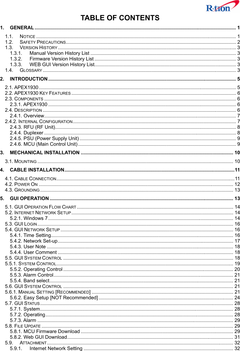   TABLE OF CONTENTS 1. GENERAL .................................................................................................................................................... 1 1.1. NOTICE ................................................................................................................................................... 1 1.2. SAFETY PRECAUTIONS............................................................................................................................. 2 1.3. VERSION HISTORY ................................................................................................................................... 3 1.3.1. Manual Version History List ........................................................................................................... 3 1.3.2. Firmware Version History List ........................................................................................................ 3 1.3.3.  WEB GUI Version History List........................................................................................................ 3 1.4. GLOSSARY .............................................................................................................................................. 3 2. INTRODUCTION .......................................................................................................................................... 5 2.1. APEX1930................................................................................................................................................. 5 2.2. APEX1930 KEY FEATURES ......................................................................................................................... 6 2.3. COMPONENTS ............................................................................................................................................. 6 2.3.1. APEX1930 .......................................................................................................................................... 6 2.4. DESCRIPTION .............................................................................................................................................. 6 2.4.1. Overview............................................................................................................................................. 7 2.4.2. INTERNAL CONFIGURATION........................................................................................................................ 7 2.4.3. RFU (RF Unit)..................................................................................................................................... 8 2.4.4. Duplexer ............................................................................................................................................. 8 2.4.5. PSU (Power Supply Unit) ................................................................................................................... 9 2.4.6. MCU (Main Control Unit) .................................................................................................................... 9 3. MECHANICAL INSTALLATION ................................................................................................................ 10 3.1. MOUNTING ................................................................................................................................................ 10 4. CABLE INSTALLATION.............................................................................................................................11 4.1. CABLE CONNECTION...................................................................................................................................11 4.2. POWER ON............................................................................................................................................... 12 4.3. GROUNDING .............................................................................................................................................. 13 5. GUI OPERATION ....................................................................................................................................... 13 5.1. GUI OPERATION FLOW CHART ................................................................................................................... 14 5.2. INTERNET NETWORK SETUP....................................................................................................................... 14 5.2.1. Windows 7 ........................................................................................................................................ 14 5.3. GUI LOGIN ................................................................................................................................................ 16 5.4. GUI NETWORK SETUP ............................................................................................................................... 16 5.4.1. Time Setting...................................................................................................................................... 16 5.4.2. Network Set-up................................................................................................................................. 17 5.4.3. User Note ......................................................................................................................................... 18 5.4.4. User Comment ................................................................................................................................. 18 5.5. GUI SYSTEM CONTROL ............................................................................................................................. 18 5.5.1. SYSTEM CONTROL.................................................................................................................................. 19 5.5.2. Operating Control ............................................................................................................................. 20 5.5.3. Alarm Control.................................................................................................................................... 21 5.5.4. Band select....................................................................................................................................... 21 5.6. GUI SYSTEM CONTROL ............................................................................................................................. 21 5.6.1. MANUAL SETTING [RECOMMENDED] ........................................................................................................ 21 5.6.2. Easy Setup [NOT Recommended] ................................................................................................... 24 5.7. GUI STATUS .............................................................................................................................................. 28 5.7.1. System.............................................................................................................................................. 28 5.7.2. Operating.......................................................................................................................................... 28 5.7.3. Alarm ................................................................................................................................................ 29 5.8. FILE UPDATE ............................................................................................................................................. 29 5.8.1. MCU Firmware Download ................................................................................................................ 29 5.8.2. Web GUI Download.......................................................................................................................... 31 5.9. ATTACHMENT......................................................................................................................................... 32 5.9.1. Internet Network Setting .............................................................................................................. 32 