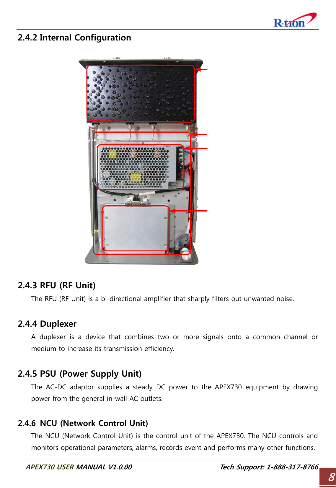  APEX730 USER MANUAL V1.0.00                          Tech Support: 1-888-317-8766 82.4.2 Internal Configuration    2.4.3 RFU (RF Unit) The RFU (RF Unit) is a bi-directional amplifier that sharply filters out unwanted noise.  2.4.4 Duplexer A duplexer is a device that combines two or more signals onto a  common  channel  or medium to increase its transmission efficiency.  2.4.5 PSU (Power Supply Unit) The AC-DC adaptor supplies a steady DC power to the APEX730 equipment  by  drawing power from the general in-wall AC outlets.  2.4.6 NCU (Network Control Unit) The NCU (Network Control Unit) is the control unit of the APEX730. The NCU controls and monitors operational parameters, alarms, records event and performs many other functions.   