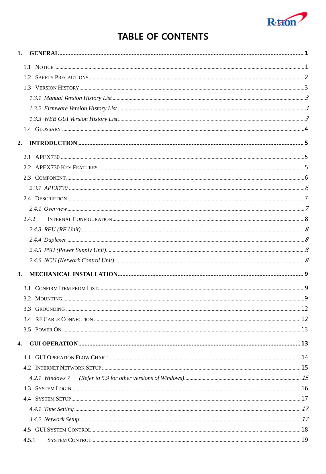   TABLE OF CONTENTS 1. GENERAL........................................................................................................................................................... 1 1.1 NOTICE .............................................................................................................................................................................................1 1.2 SAFETY PRECAUTIONS...................................................................................................................................................................2 1.3 VERSION HISTORY..........................................................................................................................................................................3 1.3.1 Manual Version History List.................................................................................................................................................3 1.3.2 Firmware Version History List.............................................................................................................................................3 1.3.3 WEB GUI Version History List.............................................................................................................................................3 1.4 GLOSSARY .......................................................................................................................................................................................4 2. INTRODUCTION ............................................................................................................................................... 5 2.1 APEX730 ........................................................................................................................................................................................5 2.2 APEX730 KEY FEATURES............................................................................................................................................................5 2.3 COMPONENT....................................................................................................................................................................................6 2.3.1 APEX730..................................................................................................................................................................................6 2.4 DESCRIPTION...................................................................................................................................................................................7 2.4.1 Overview...................................................................................................................................................................................7 2.4.2 INTERNAL CONFIGURATION.................................................................................................................................................8 2.4.3 RFU (RF Unit).........................................................................................................................................................................8 2.4.4 Duplexer...................................................................................................................................................................................8 2.4.5 PSU (Power Supply Unit)......................................................................................................................................................8 2.4.6 NCU (Network Control Unit)...............................................................................................................................................8 3. MECHANICAL INSTALLATION...................................................................................................................... 9 3.1 CONFIRM ITEM FROM LIST............................................................................................................................................................9 3.2 MOUNTING.......................................................................................................................................................................................9 3.3 GROUNDING ................................................................................................................................................................................. 12 3.4 RF CABLE CONNECTION ............................................................................................................................................................ 12 3.5 POWER ON.................................................................................................................................................................................... 13 4. GUI OPERATION............................................................................................................................................. 13 4.1 GUI OPERATION FLOW CHART ................................................................................................................................................. 14 4.2 INTERNET NETWORK SETUP ...................................................................................................................................................... 15 4.2.1 Windows 7      (Refer to 5.9 for other versions of Windows)........................................................................................ 15 4.3 SYSTEM LOGIN............................................................................................................................................................................. 16 4.4 SYSTEM SETUP............................................................................................................................................................................. 17 4.4.1 Time Setting........................................................................................................................................................................... 17 4.4.2 Network Setup....................................................................................................................................................................... 17 4.5 GUI SYSTEM CONTROL.............................................................................................................................................................. 18 4.5.1 SYSTEM CONTROL ............................................................................................................................................................. 19 