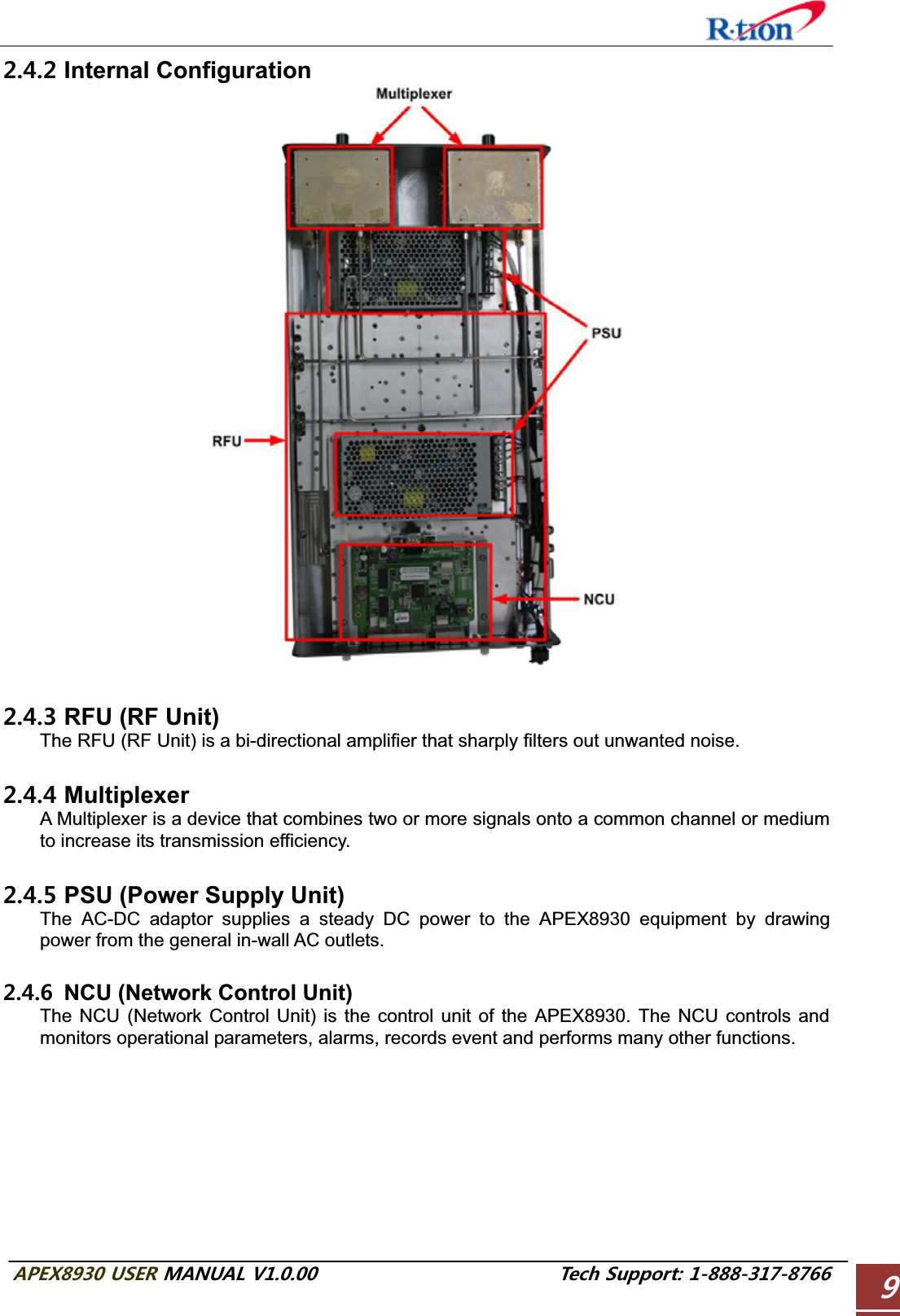#2&apos;:75&apos;4/#07#.86GEJ5WRRQTV Internal Configuration  RFU (RF Unit) The RFU (RF Unit) is a bi-directional amplifier that sharply filters out unwanted noise.  Multiplexer A Multiplexer is a device that combines two or more signals onto a common channel or medium to increase its transmission efficiency.  PSU (Power Supply Unit) The AC-DC adaptor supplies a steady DC power to the APEX8930 equipment by drawing power from the general in-wall AC outlets.   NCU (Network Control Unit) The NCU (Network Control Unit) is the control unit of the APEX8930. The NCU controls and monitors operational parameters, alarms, records event and performs many other functions. 