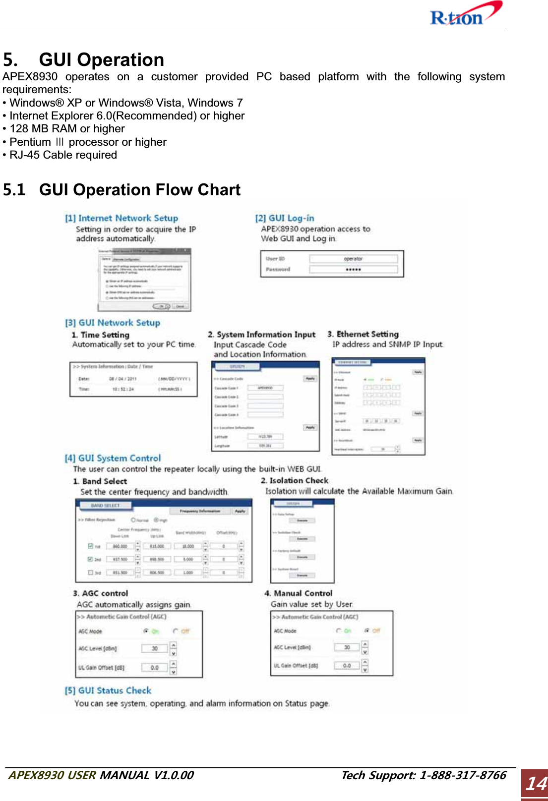 #2&apos;:75&apos;4/#07#.86GEJ5WRRQTV GUI Operation APEX8930 operates on a customer provided PC based platform with the following system requirements:• Windows® XP or Windows® Vista, Windows 7 • Internet Explorer 6.0(Recommended) or higher • 128 MB RAM or higher • Pentium ๊ processor or higher • RJ-45 Cable required   GUI Operation Flow Chart 