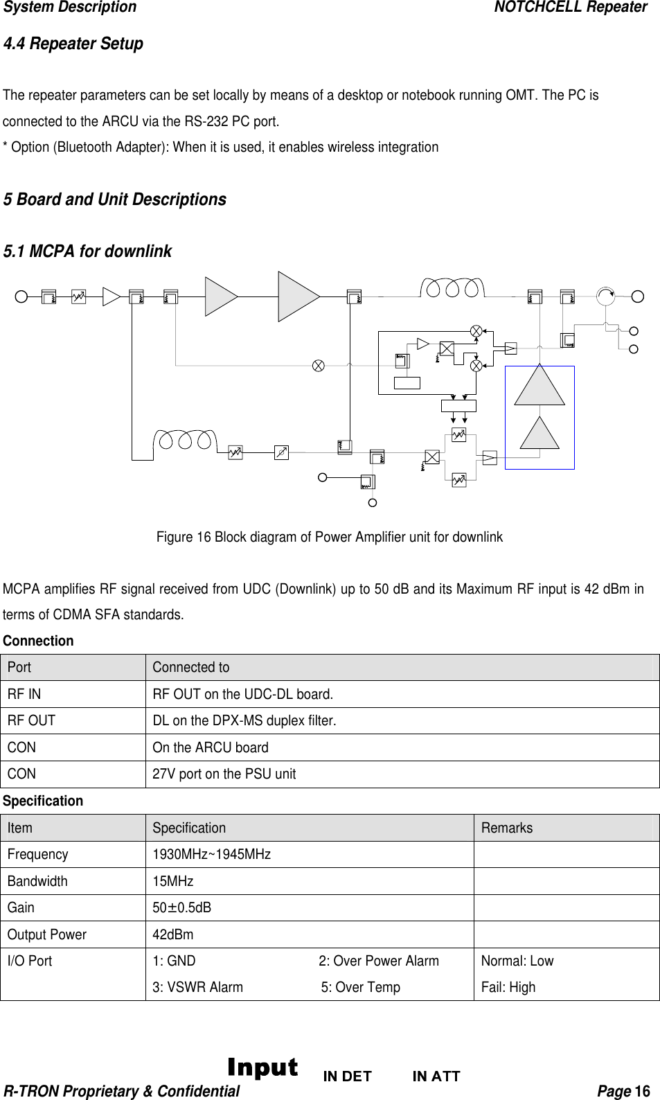 System Description                                                  NOTCHCELL Repeater R-TRON Proprietary &amp; Confidential                                                  Page 16  4.4 Repeater Setup  The repeater parameters can be set locally by means of a desktop or notebook running OMT. The PC is connected to the ARCU via the RS-232 PC port. * Option (Bluetooth Adapter): When it is used, it enables wireless integration  5 Board and Unit Descriptions  5.1 MCPA for downlink  Figure 16 Block diagram of Power Amplifier unit for downlink  MCPA amplifies RF signal received from UDC (Downlink) up to 50 dB and its Maximum RF input is 42 dBm in terms of CDMA SFA standards. Connection Port   Connected to RF IN    RF OUT on the UDC-DL board. RF OUT  DL on the DPX-MS duplex filter. CON    On the ARCU board CON    27V port on the PSU unit Specification Item  Specification  Remarks Frequency   1930MHz~1945MHz   Bandwidth 15MHz   Gain  50±0.5dB   Output Power  42dBm   I/O Port  1: GND                   2: Over Power Alarm  3: VSWR Alarm            5: Over Temp Normal: Low   Fail: High 