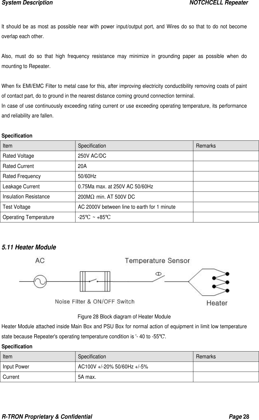 System Description                                                  NOTCHCELL Repeater R-TRON Proprietary &amp; Confidential                                                  Page 28   It should be as most as possible near with power input/output port, and Wires do so that to do not become overlap each other.  Also, must do so that high frequency resistance may minimize in grounding paper as possible when do mounting to Repeater.  When fix EMI/EMC Filter to metal case for this, after improving electricity conductibility removing coats of paint of contact part, do to ground in the nearest distance coming ground connection terminal. In case of use continuously exceeding rating current or use exceeding operating temperature, its performance and reliability are fallen.  Specification Item  Specification  Remarks  Rated Voltage  250V AC/DC   Rated Current  20A   Rated Frequency  50/60Hz   Leakage Current  0.75Ma max. at 250V AC 50/60Hz   Insulation Resistance  200MΩ  min. AT 500V DC   Test Voltage  AC 2000V between line to earth for 1 minute   Operating Temperature  -25℃ ~ +85℃    5.11 Heater Module  Figure 28 Block diagram of Heater Module Heater Module attached inside Main Box and PSU Box for normal action of equipment in limit low temperature state because Repeater&apos;s operating temperature condition is &apos;- 40 to -55℃&apos;. Specification Item  Specification  Remarks  Input Power  AC100V +/-20% 50/60Hz +/-5%   Current 5A max.   