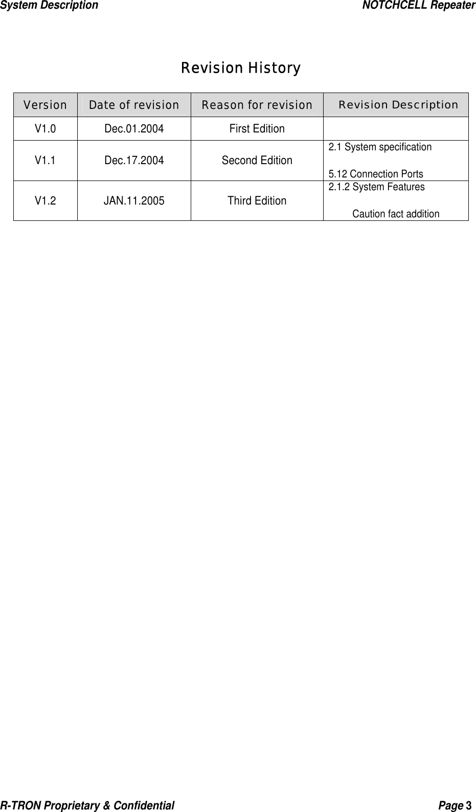 System Description                                                  NOTCHCELL Repeater R-TRON Proprietary &amp; Confidential                                                  Page 3   Revision History Version  Date of revision  Reason for revision  Revision Description V1.0 Dec.01.2004  First Edition     V1.1 Dec.17.2004  Second Edition  2.1 System specification 5.12 Connection Ports V1.2 JAN.11.2005  Third Edition 2.1.2 System Features Caution fact addition                            