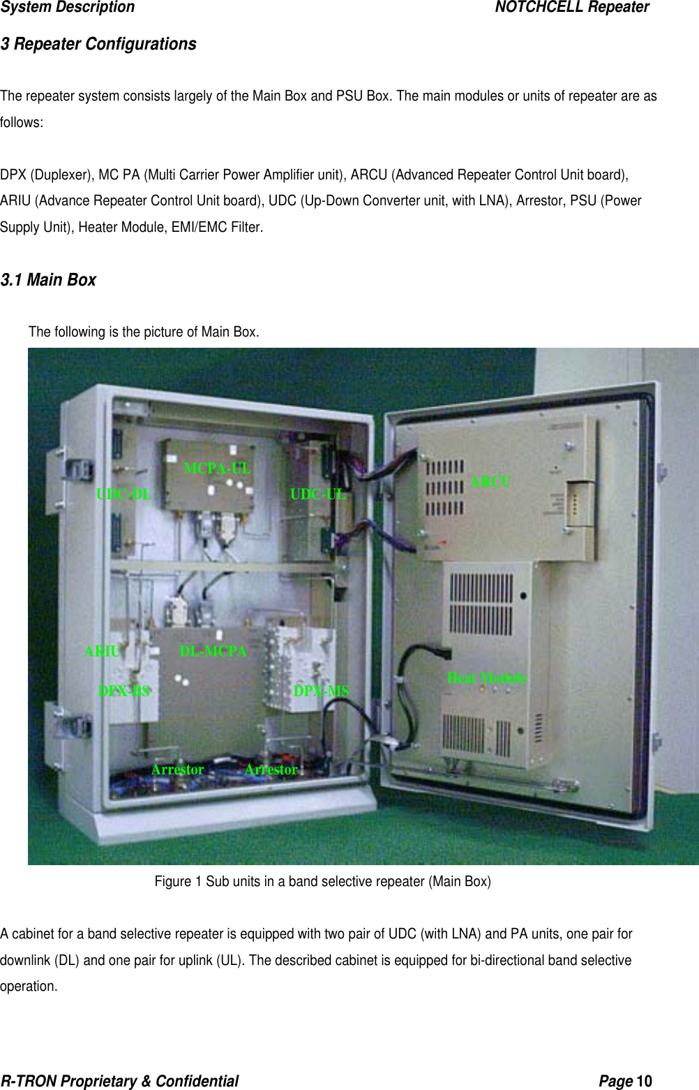 System Description                                                  NOTCHCELL Repeater R-TRON Proprietary &amp; Confidential                                                  Page 10   3 Repeater Configurations  The repeater system consists largely of the Main Box and PSU Box. The main modules or units of repeater are as follows:   DPX (Duplexer), MC PA (Multi Carrier Power Amplifier unit), ARCU (Advanced Repeater Control Unit board), ARIU (Advance Repeater Control Unit board), UDC (Up-Down Converter unit, with LNA), Arrestor, PSU (Power Supply Unit), Heater Module, EMI/EMC Filter.  3.1 Main Box  The following is the picture of Main Box.  Figure 1 Sub units in a band selective repeater (Main Box)  A cabinet for a band selective repeater is equipped with two pair of UDC (with LNA) and PA units, one pair for downlink (DL) and one pair for uplink (UL). The described cabinet is equipped for bi-directional band selective operation. MCPA-UL DL-MCPA UDC-UL UDC-DL DPX-BS DPX-MS ARCU Heat Module Arrestor Arrestor ARIU 