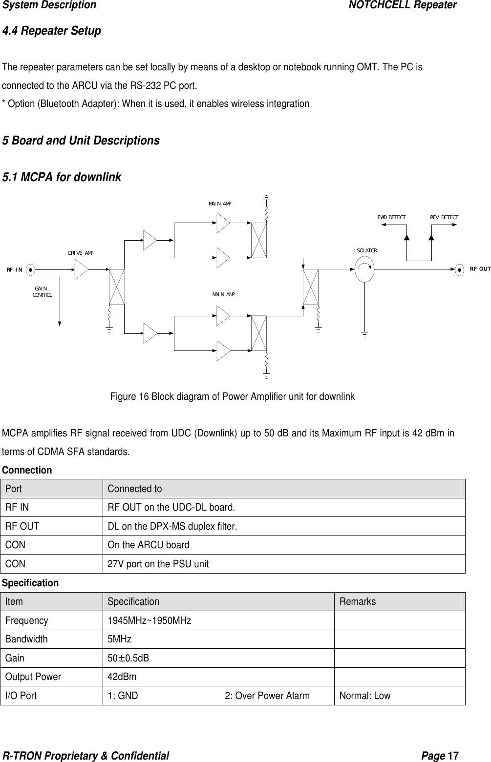 System Description                                                  NOTCHCELL Repeater R-TRON Proprietary &amp; Confidential                                                  Page 17   4.4 Repeater Setup  The repeater parameters can be set locally by means of a desktop or notebook running OMT. The PC is connected to the ARCU via the RS-232 PC port. * Option (Bluetooth Adapter): When it is used, it enables wireless integration  5 Board and Unit Descriptions  5.1 MCPA for downlink RF OUTRF󰚟INGAIN󰚟CONTROLISOLATORDRIVE󰚟AMPMAIN󰚟AMPMAIN󰚟AMPFWD󰚟DETECT REV󰚟DETECTFigure 16 Block diagram of Power Amplifier unit for downlink  MCPA amplifies RF signal received from UDC (Downlink) up to 50 dB and its Maximum RF input is 42 dBm in terms of CDMA SFA standards. Connection Port   Connected to RF IN    RF OUT on the UDC-DL board. RF OUT  DL on the DPX-MS duplex filter. CON    On the ARCU board CON    27V port on the PSU unit Specification Item  Specification  Remarks Frequency   1945MHz~1950MHz   Bandwidth 5MHz   Gain  50±0.5dB   Output Power  42dBm   I/O Port  1: GND                   2: Over Power Alarm   Normal: Low  