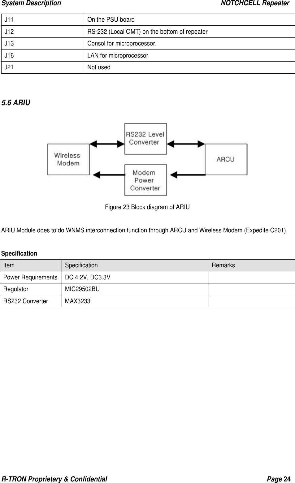 System Description                                                  NOTCHCELL Repeater R-TRON Proprietary &amp; Confidential                                                  Page 24   J11  On the PSU board J12  RS-232 (Local OMT) on the bottom of repeater J13  Consol for microprocessor.   J16  LAN for microprocessor J21 Not used   5.6 ARIU   Figure 23 Block diagram of ARIU  ARIU Module does to do WNMS interconnection function through ARCU and Wireless Modem (Expedite C201).  Specification Item  Specification  Remarks Power Requirements  DC 4.2V, DC3.3V   Regulator MIC29502BU   RS232 Converter  MAX3233               